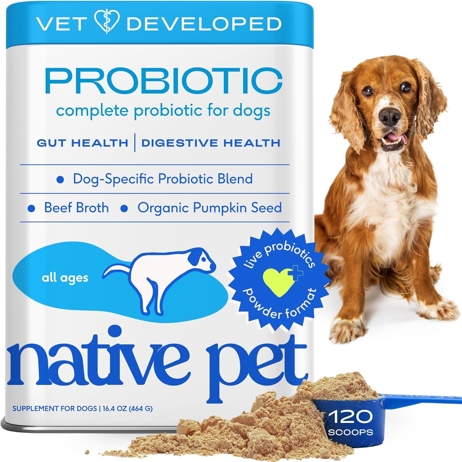 Native Pet Probiotics for Dogs – Dog Probiotic Powder for Gut & Digestive Health, Vet-Formulated 6B CFUs Dog-Specific Probiotic Strains, Supports Stool Quality & Diet Transitions – 120 Scoops