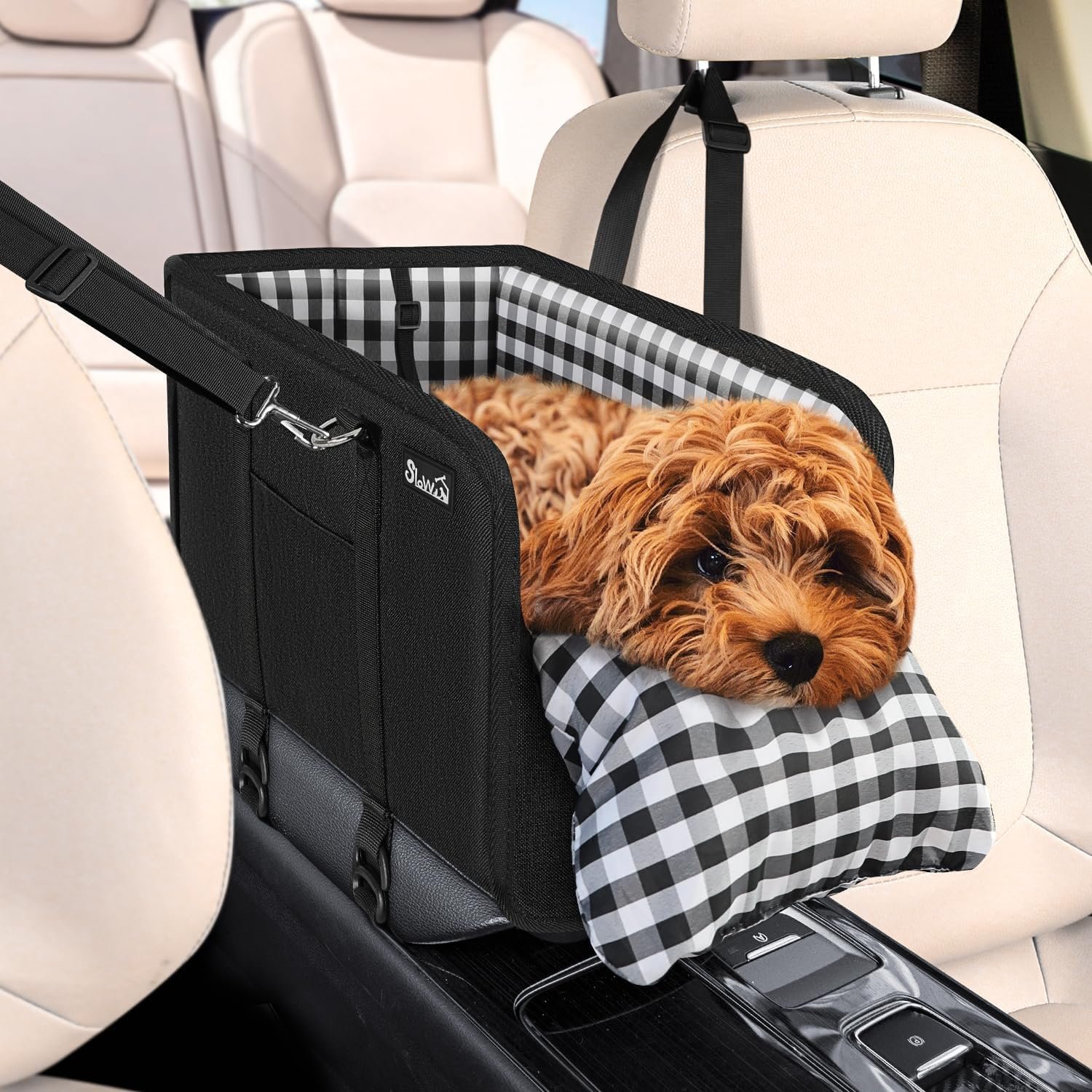 SlowTon Console Dog Car Seat – Portable Dogs Armrest Booster Seat for Small Dog, Anti-Collapse Pet Car Seat with Soft Cushion Safety Belt, Support Pet Up to 11lbs (Black)