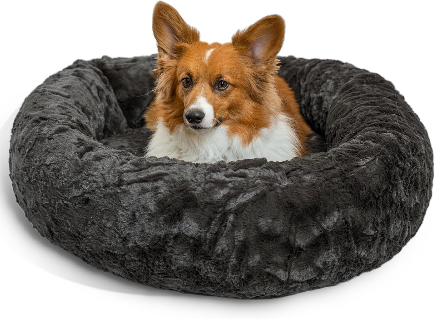Best Friends by Sheri The Original Calming Donut Dog Bed for Medium Dogs up to 45 lbs, Lux Faux Fur, Mink Dark Gray, 30″ x 30″