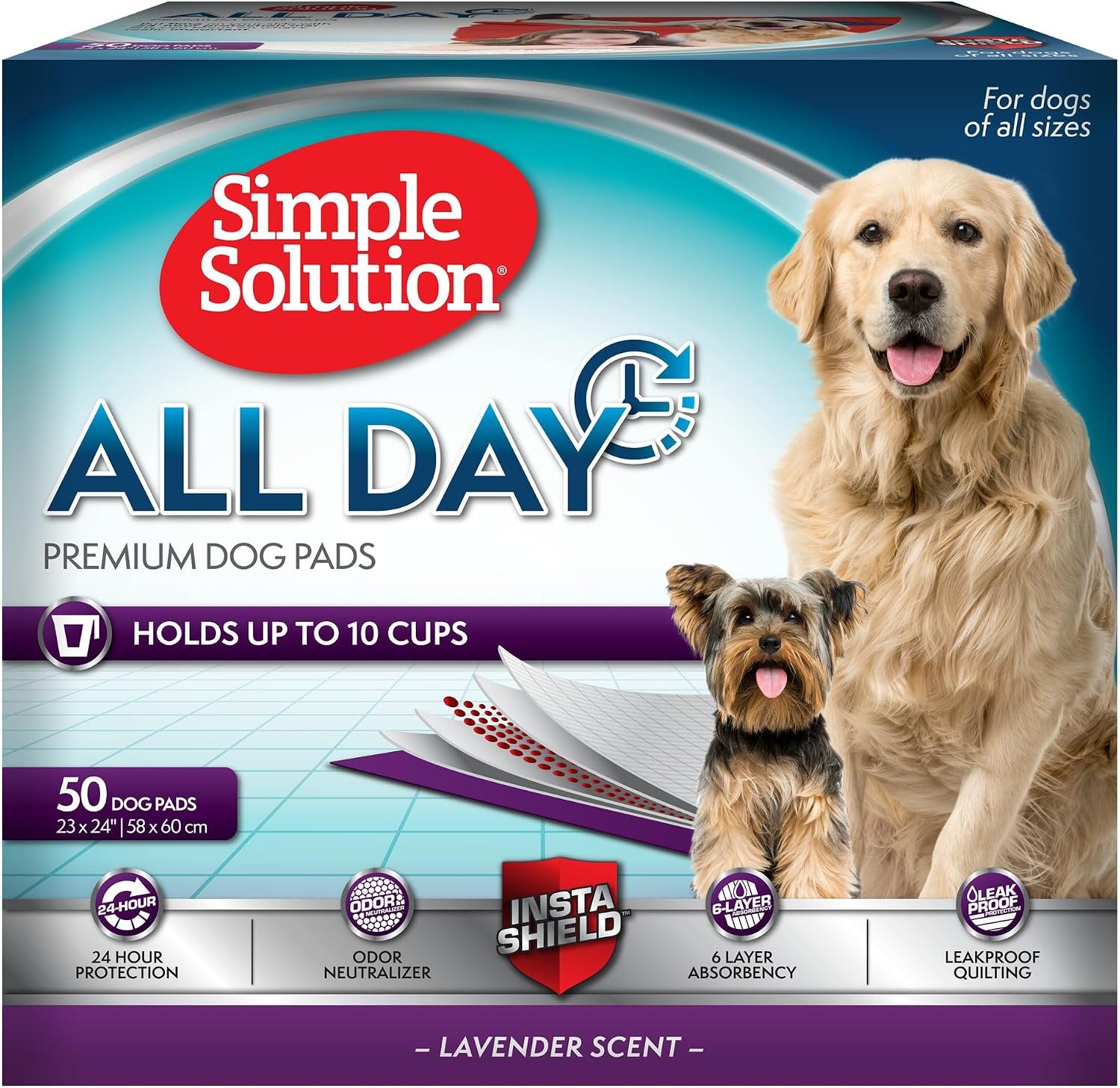 Simple Solution All Day Dog Pads, Disposable Puppy Training Pads with Lavender Scent, Leak Proof Pet Pee Pads for Indoor Potty Training, Odor Control, Quick Dry Floor Protection, 23″x24″, 50 Count