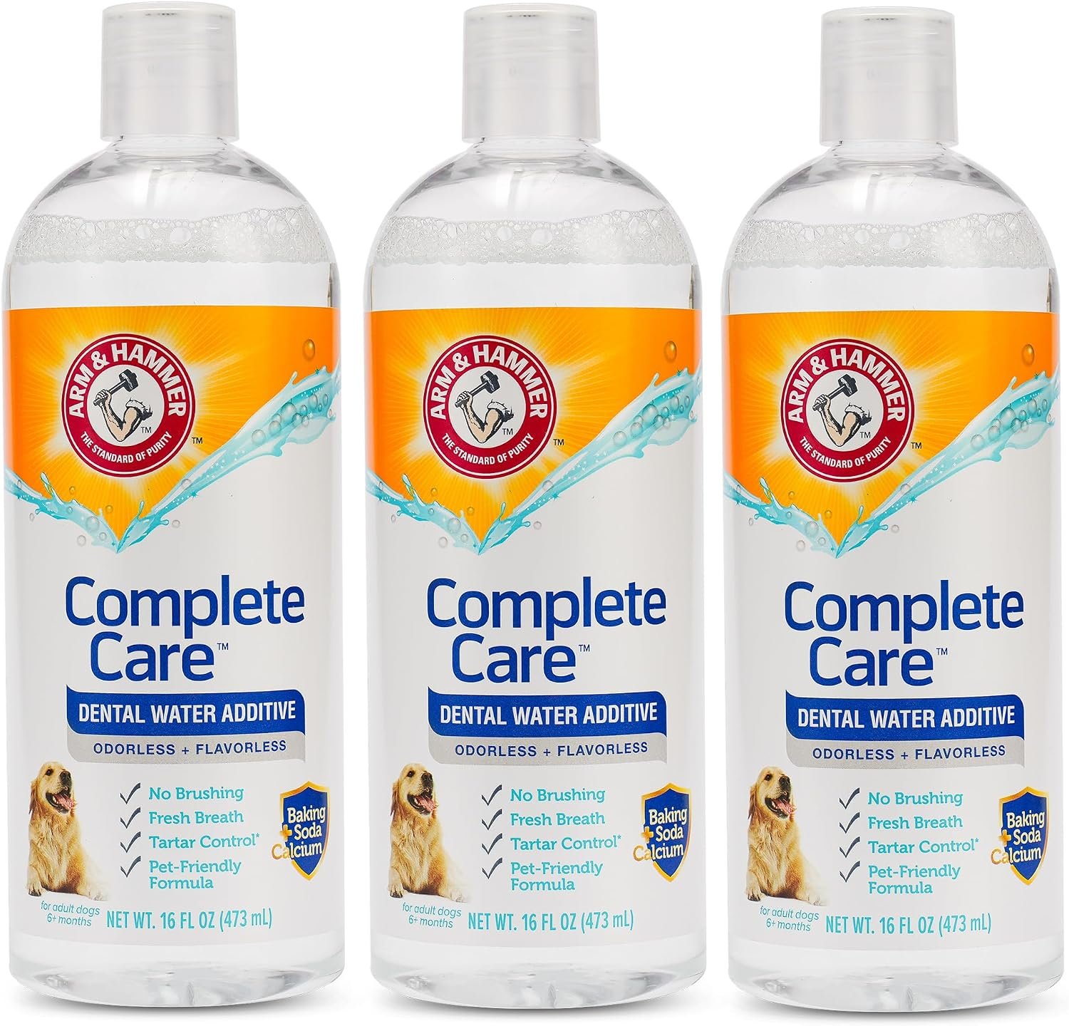 Arm & Hammer Complete Care Dog Dental Water Additive, Odorless Flavorless Daily Oral Care Solution with Baking Soda and Calcium for Plaque, Tartar, and Fresh Breath, 16 Fl Oz – 3 Pack