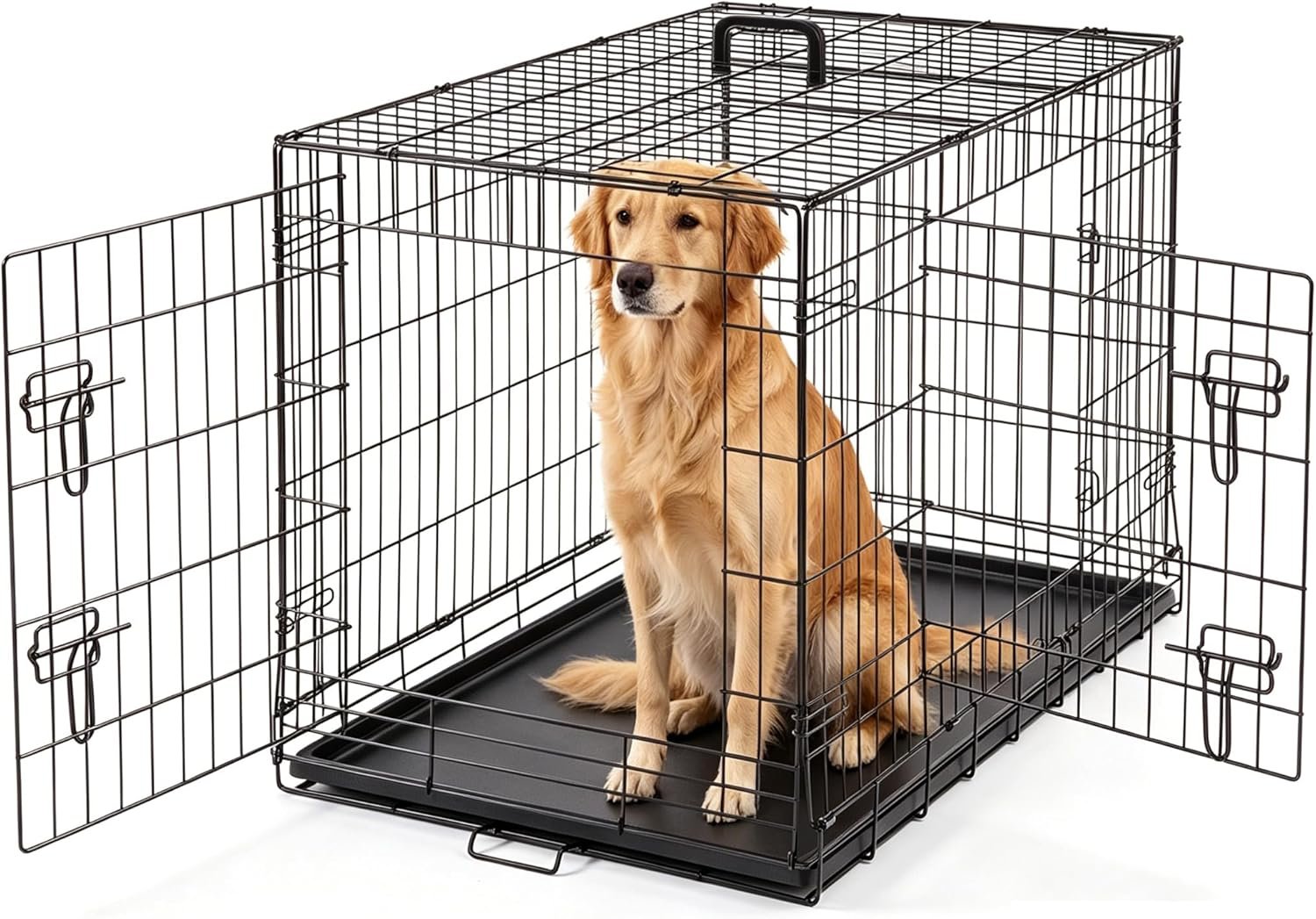DUMOS Dog Crate, 36 Inch Medium Double Door Dog Cage with Plastic Leak-Proof Pan Tray, Handle, Folding Metal Wire Pet Kennel for Indoor, Outdoor, Travel