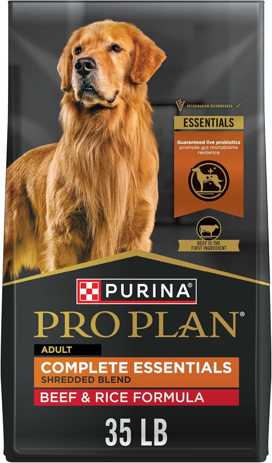 Purina Pro Plan Complete Essentials Shredded Blend Beef and Rice Dog Food Dry Formula with Probiotics for Dogs – 35 lb. Bag