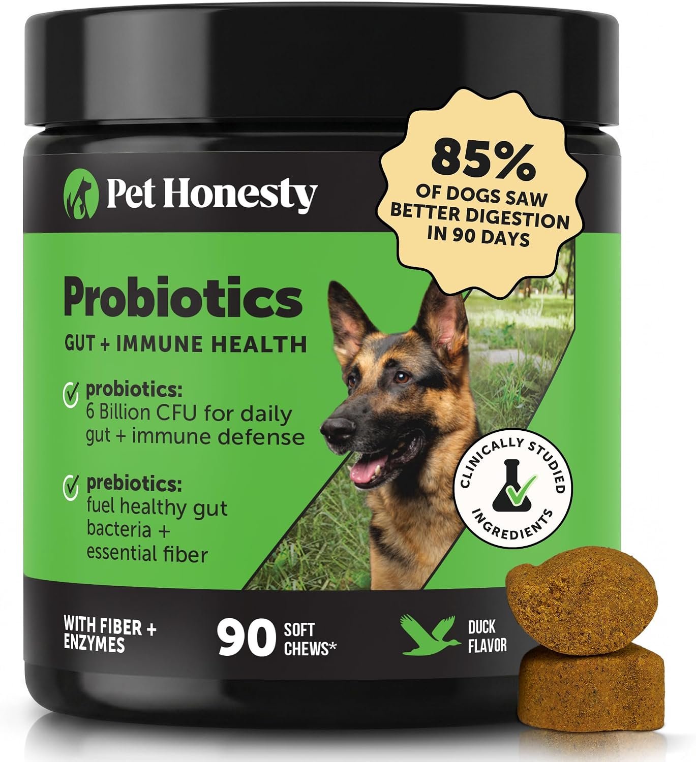 6 Billion CFU Dog Probiotics with Prebiotics, Digestive Enzymes, & Fiber – Relief for Occasional Diarrhea, Gas, Bloating & Itchy Skin – Daily Gut Health & Immune Support for All Dogs (Duck, 90 Ct)