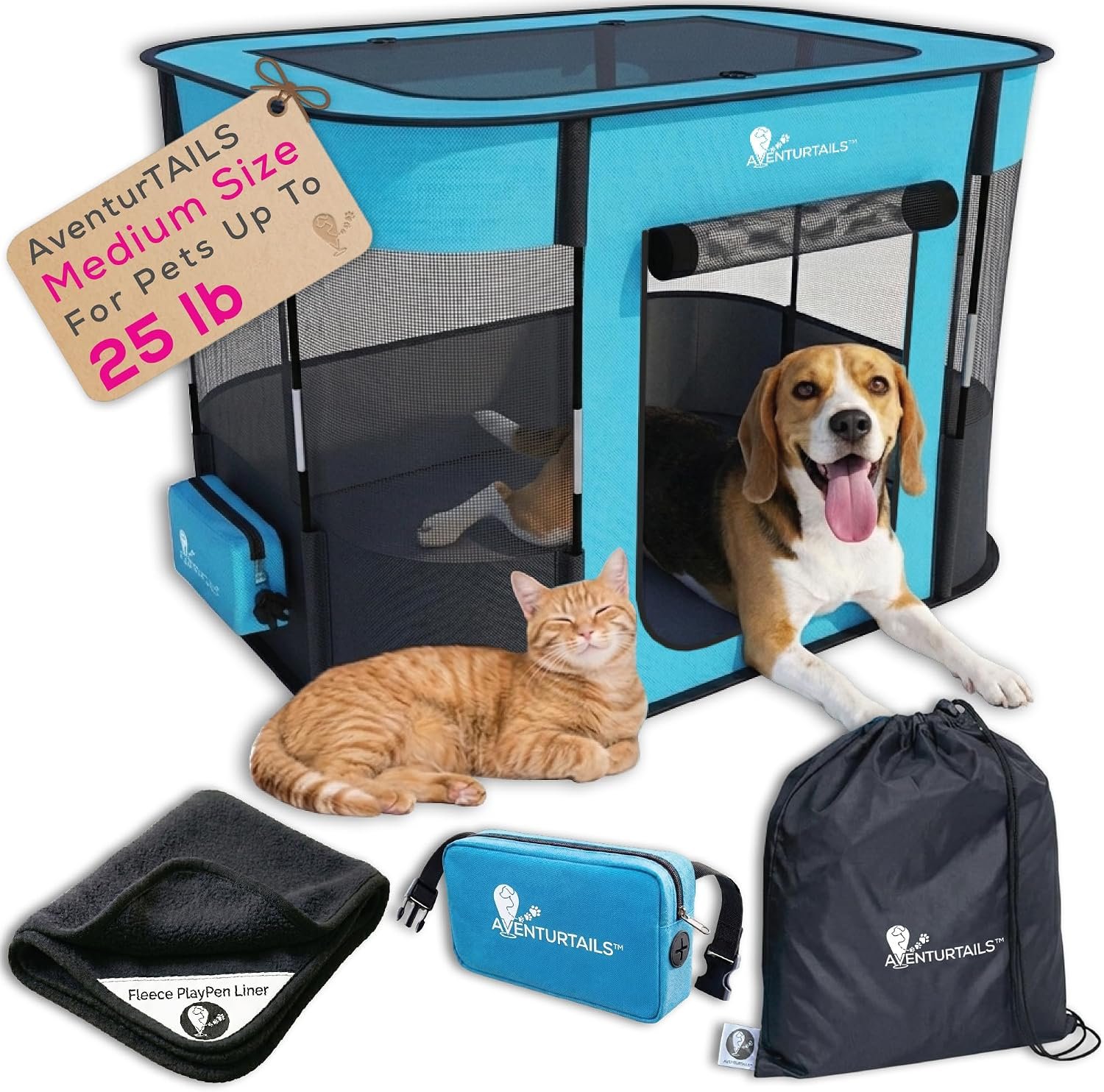 Portable Foldable Dog & Cat Playpen – Indoor Outdoor Travel – Medium Collapsible Pet Play Pen for Small Dogs, Puppies & Kittens – Lightweight Enclosure with Breathable Mesh, Fleece Liner & Carry Bag