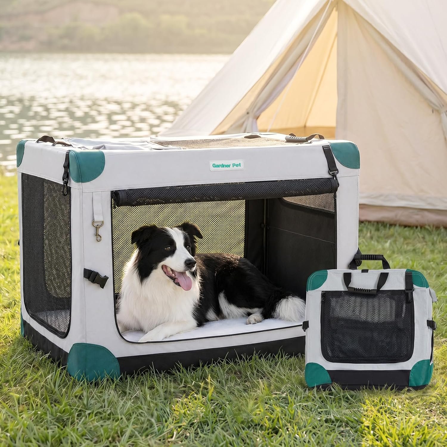 Gardner Pet 36 Inch Folding Soft Dog Crate -3 Door Collapsible Dog Crate with 2 Storage Bags and Fleece Bed, Portable Dogs Travel Kennel for Medium/Large Dogs Indoor & Outdoor, Grey