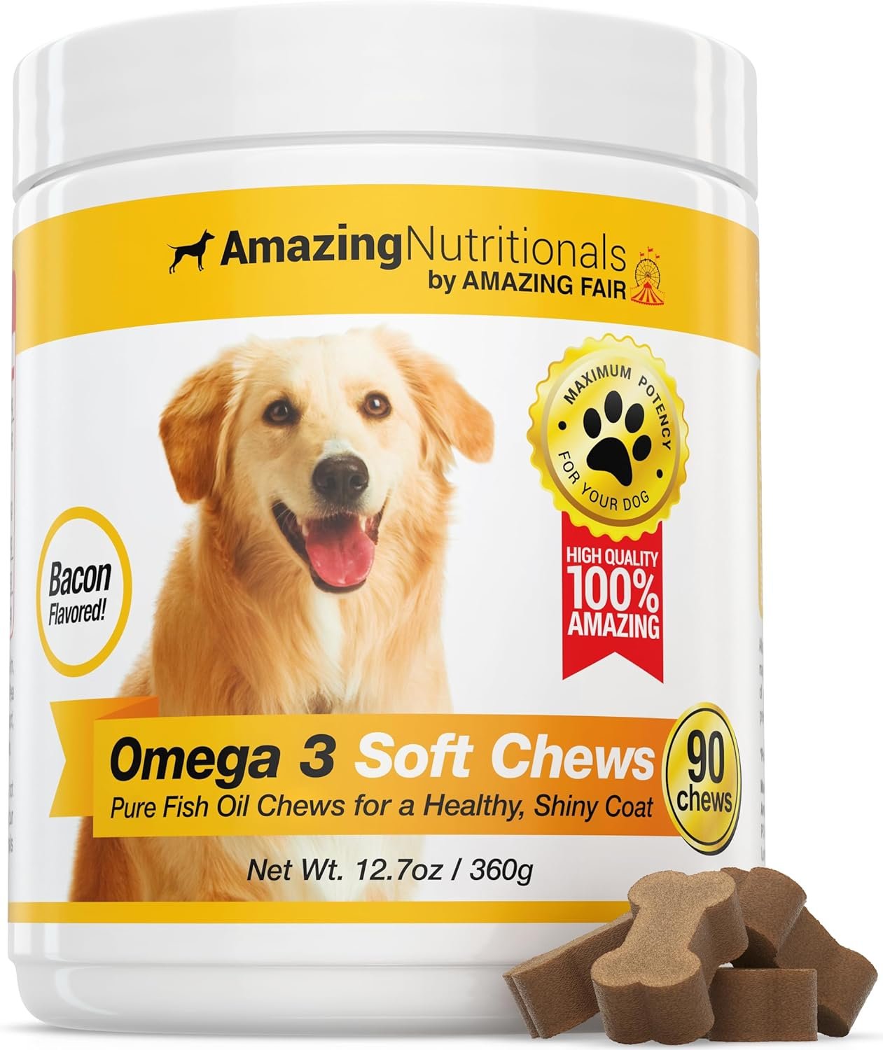 Amazing Omega 3 for Dogs – Fish Oil for Dogs Supplement 90 Bacon Soft Chews – Itchy Skin, Dry Skin, Shedding & Coat Support – Omega Fatty Acids EPA DHA – Made in USA