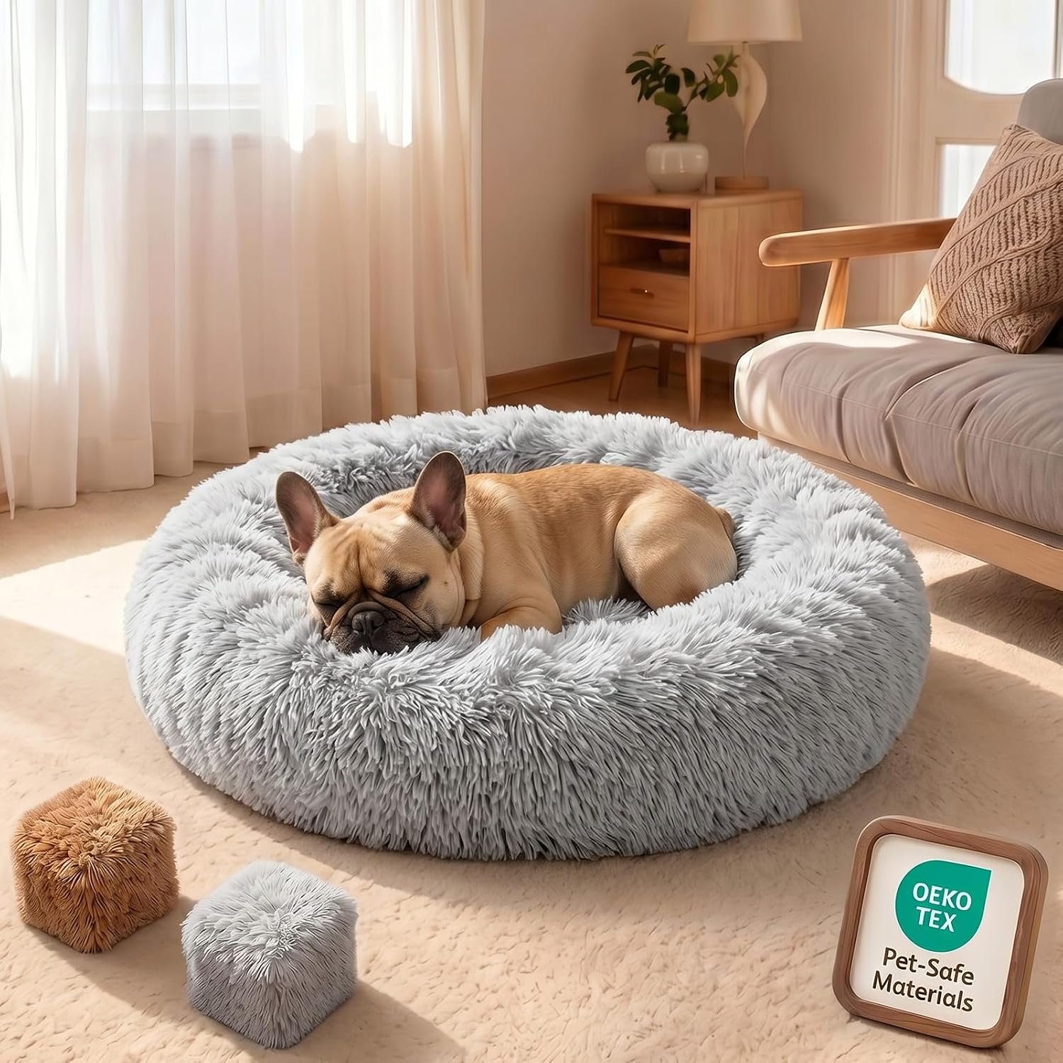 Premium Donut Dog Bed,Dual Memory Foam Orthopedic Beds for Large Sized Dogs,Thick Cooling Gel Fluffy Calming Pet Couch with Removable Waterproof Washable Cover,Fits up to 50 lbs Pets,36 Inch,Grey