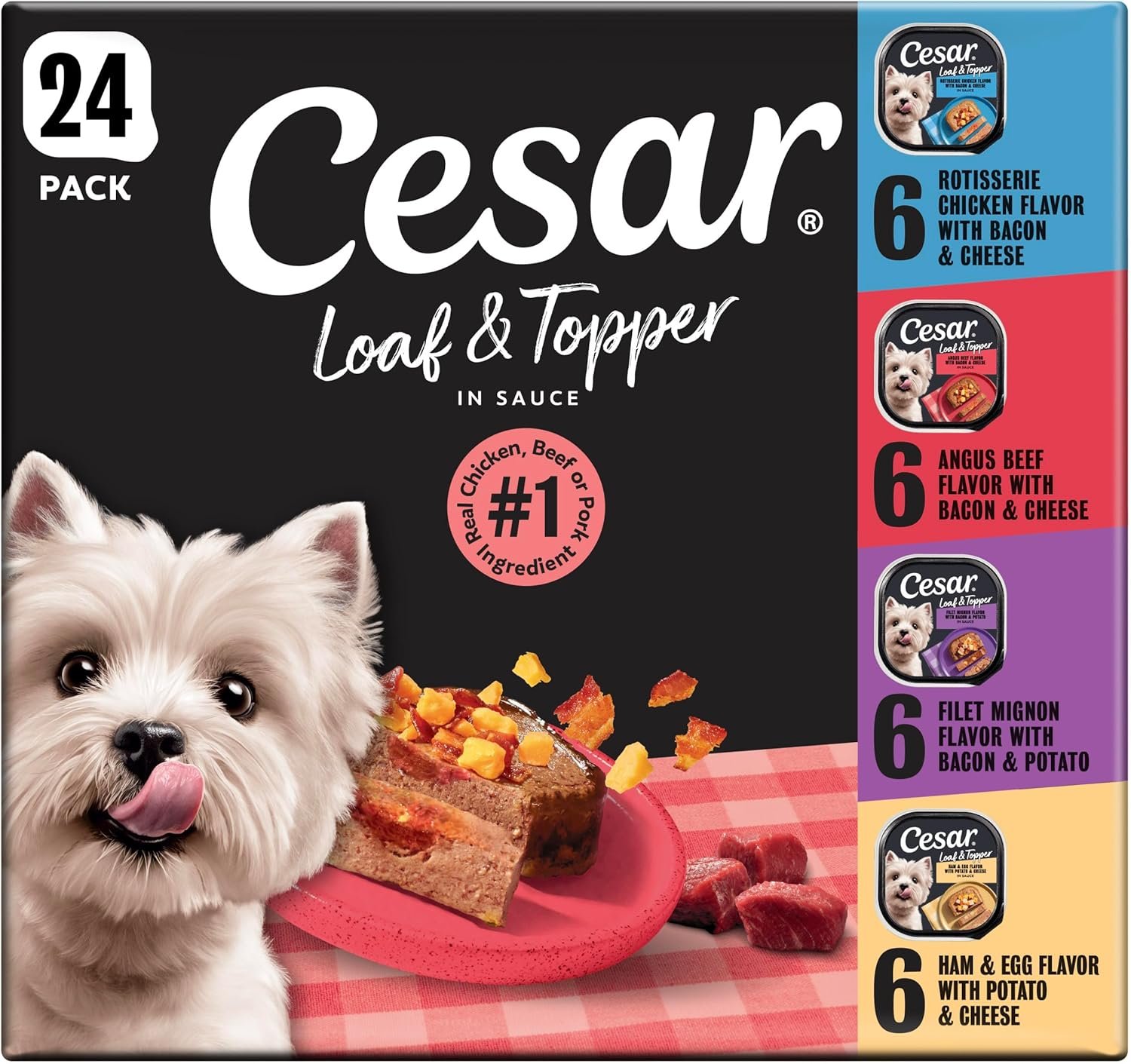 Cesar Loaf in Sauce Wet Dog Food Rotisserie Chicken, Filet Mignon, Angus Beef, and Ham & Egg Flavors Variety Pack, 3.5 oz. Easy Peel Trays (24 Count, Pack of 1)