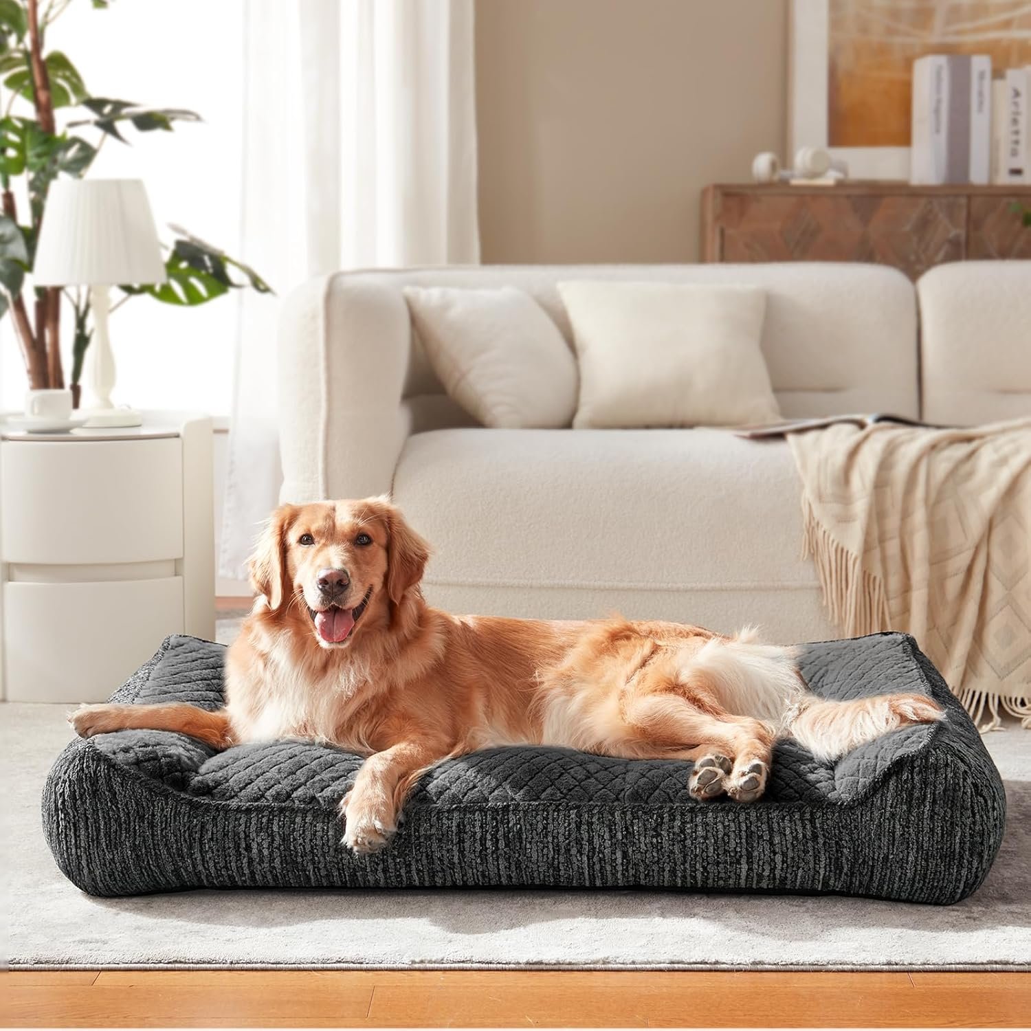 JOEJOY XL Orthopedic Dog Bed for Large Dogs Up to 80lbs – Extra Thick Foam Pet Bed Sofa with Bolster Sides, Large Sized Dog Couch Bed with Removable Washable Cover, Non-Slip Bottom, Grey (42″x30″)
