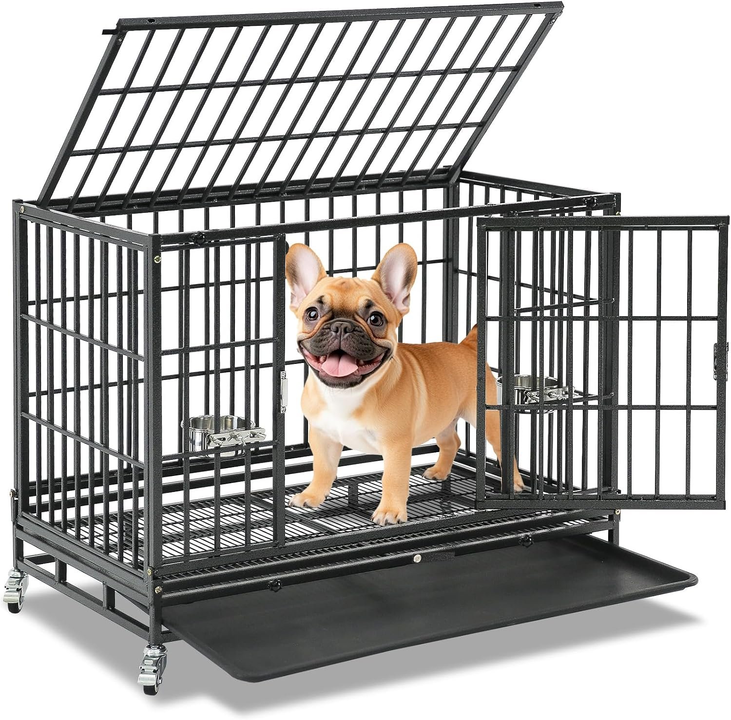 Homey Pet 37 inch Stackable Heavy Duty Dog Crate, Indestructible Escape Proof Dogs Cage Kennel with Lockable Wheels, Removable Tray & Metal Grid, Double Doors for High Anxiety Medium/Small Dogs