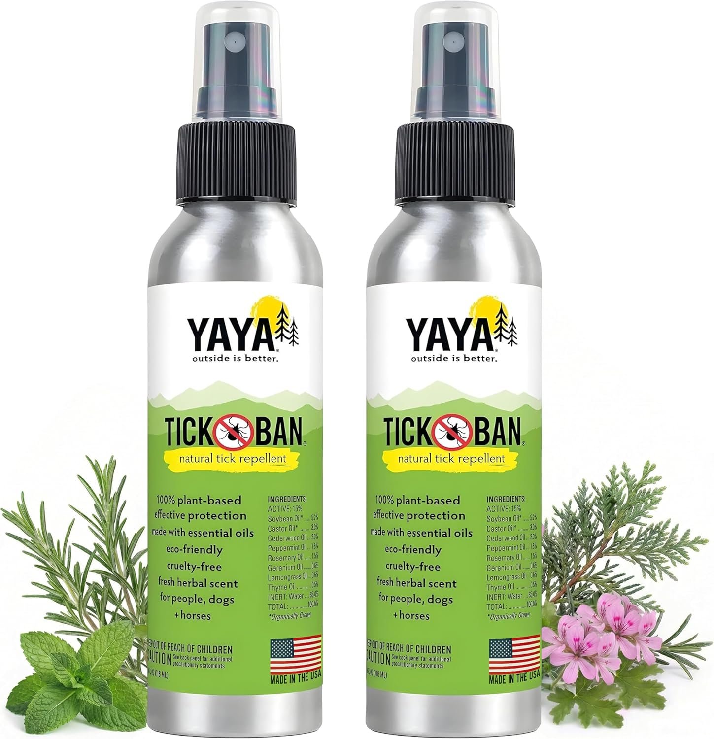 Yaya Organics Tick Ban DEET-Free Mist Spray – Made in USA – All Natural Extra Strength Tick Repellent Spray Made with Essential Oils – Safe for Kids & Dogs (4 Ounce, 2 Pack)