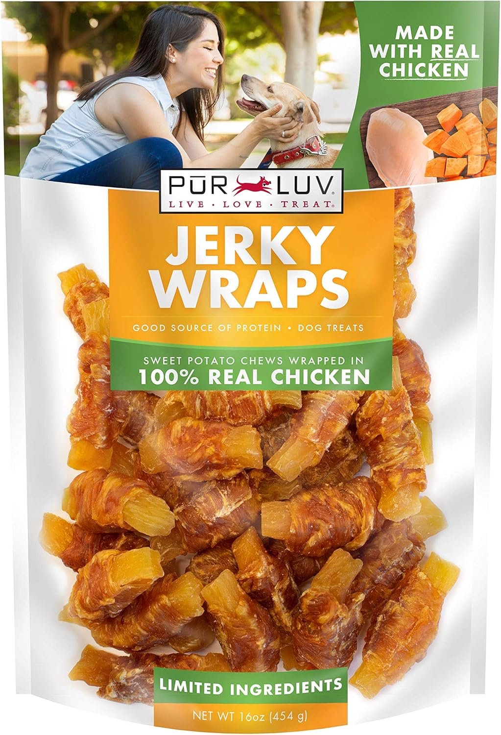 Pur Luv Chicken Wrapped Sweet Potato Dog Treats, Rawhide Free Jerky Wraps, Made with Real Chicken, 16 Oz, Healthy, Easily Digestible, Long Lasting, High Protein Treat, Satisfies Dog’s Urge to Chew
