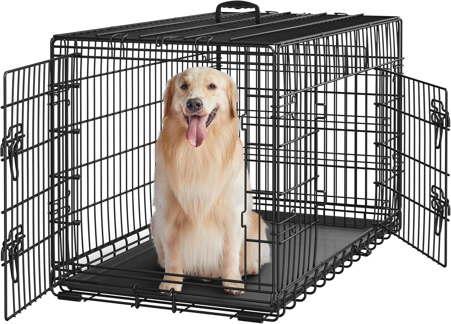 Yaheetech 42 inch Double Door Dog Crate w/Divider for Puppy, Collapsible Metal Dog Kennel with Removable Tray, Portable Travel Cage, Black