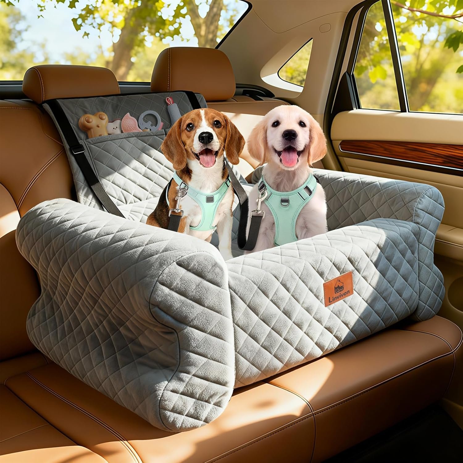 Dog Car Seat for Medium/Large Dogs up to 60 lbs, Memory Foam Dog Booster Seat with Thick Cushion, Pet Car Seat for Back with Detachable Washable Cover, Storage Pockets for SUV, Pick Up, Trunk, Grey