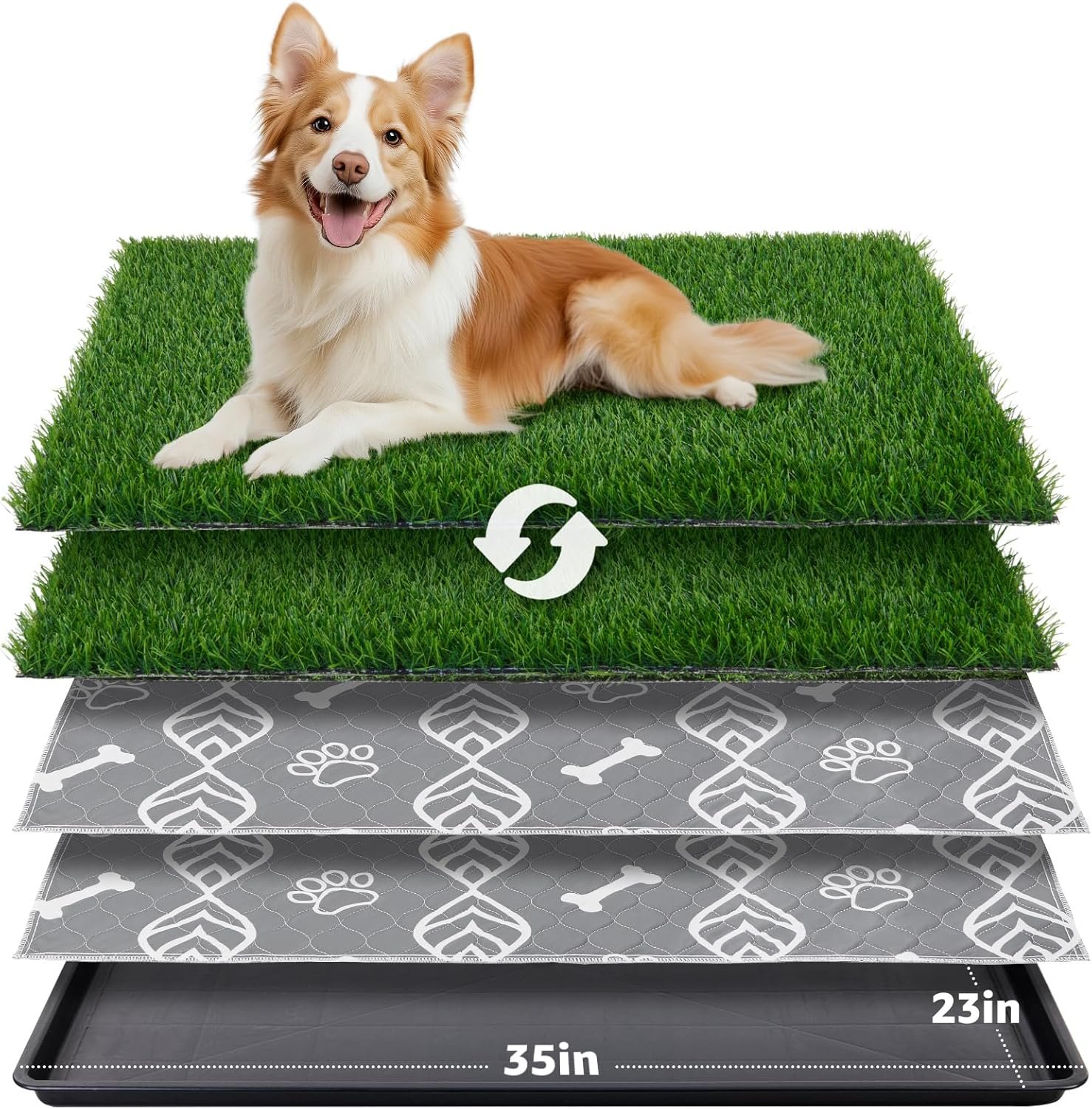 LOOBANI Large Dog Grass Pad with Tray – 35x23in Dog Litter Box with 2 Artificial Grass Patch + 2 Washable Pee Pads – Quickly Absorbency Indoor Outdoor Potty for Patio Balcony Apartment Use