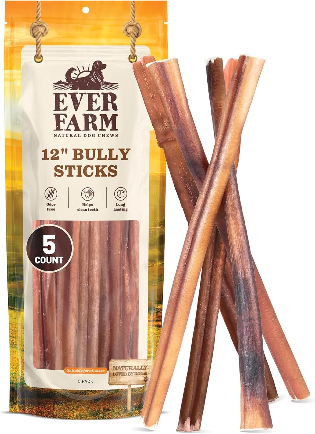 Pet Odor-Free Standard Bully Sticks (12″, 5 Pack) – 100% Grass-Fed Beef Pizzle Dog Chews, Fully Digestible & Long-Lasting Dental Treats