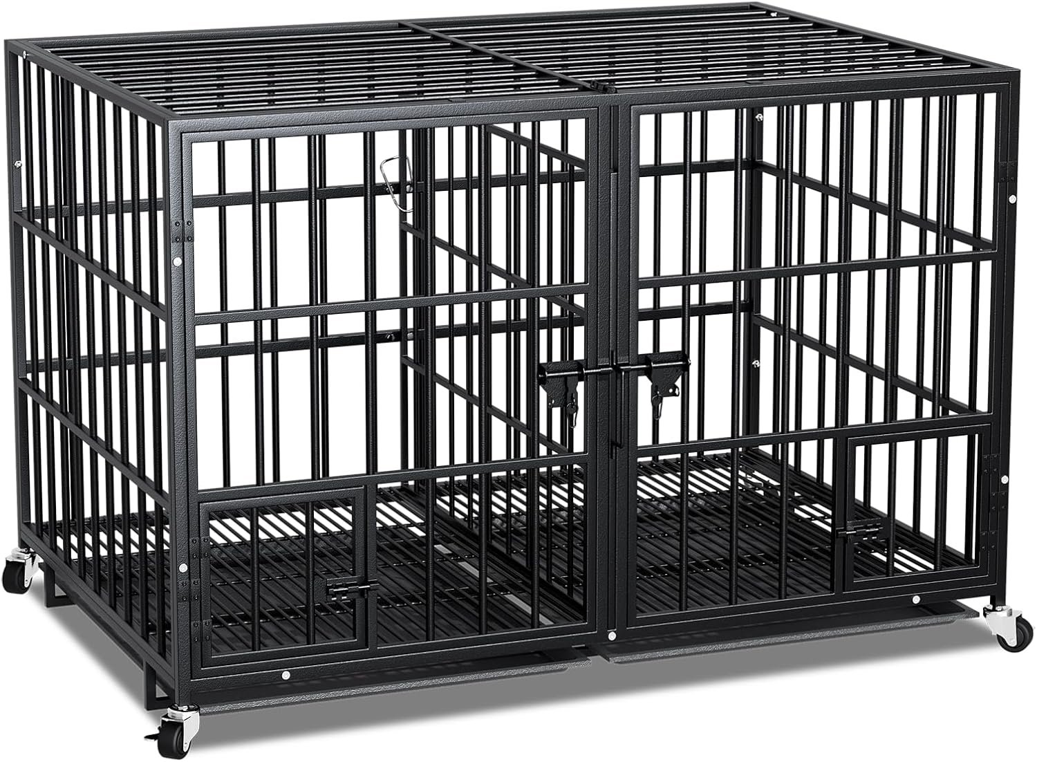 EZ4ENCE 42/48/54 Inch Metal Dog Crate for Large Dogs,Heavy Duty Dog Cage Kennel Indoor with Divider Panel, Lockable Wheels, Indestructible Drop Cages for Dogs with Removable Tray, Escape Proof Locks