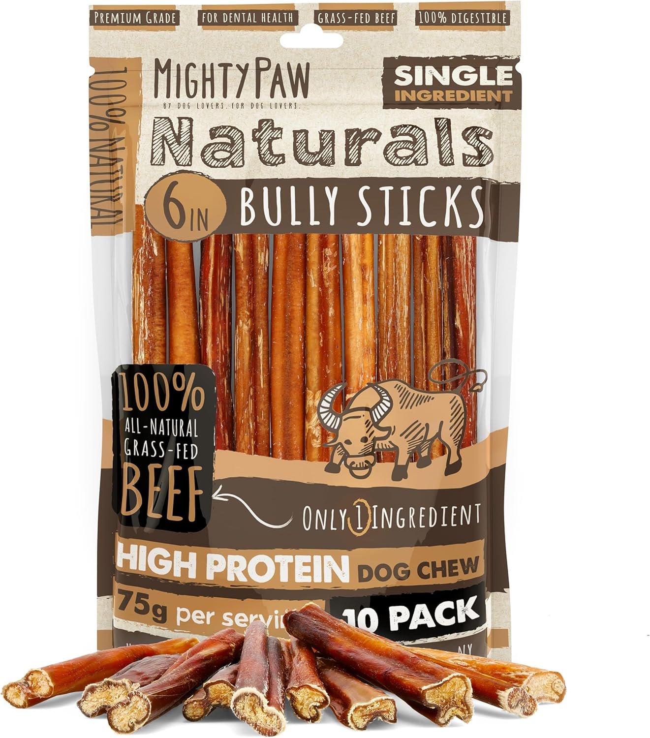Mighty Paw Naturals Bully Sticks for Small & Medium Dogs – Grass Fed Beef Chews. Bully Sticks for Large Dogs. Lower Odor Stick Treat. Single Ingredient (6″ – 10 Pack)