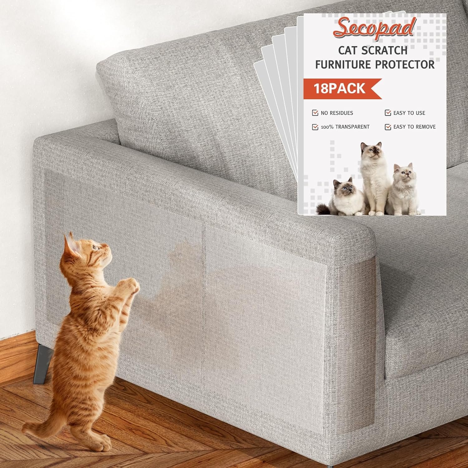Secopad 18 PCS Large Cat Scratch Furniture Protector, Transparent Couch Protector from Cat Claws, Single-Sided Self Adhesive Anti Pet Deterrent Sofa Cover, 17IN