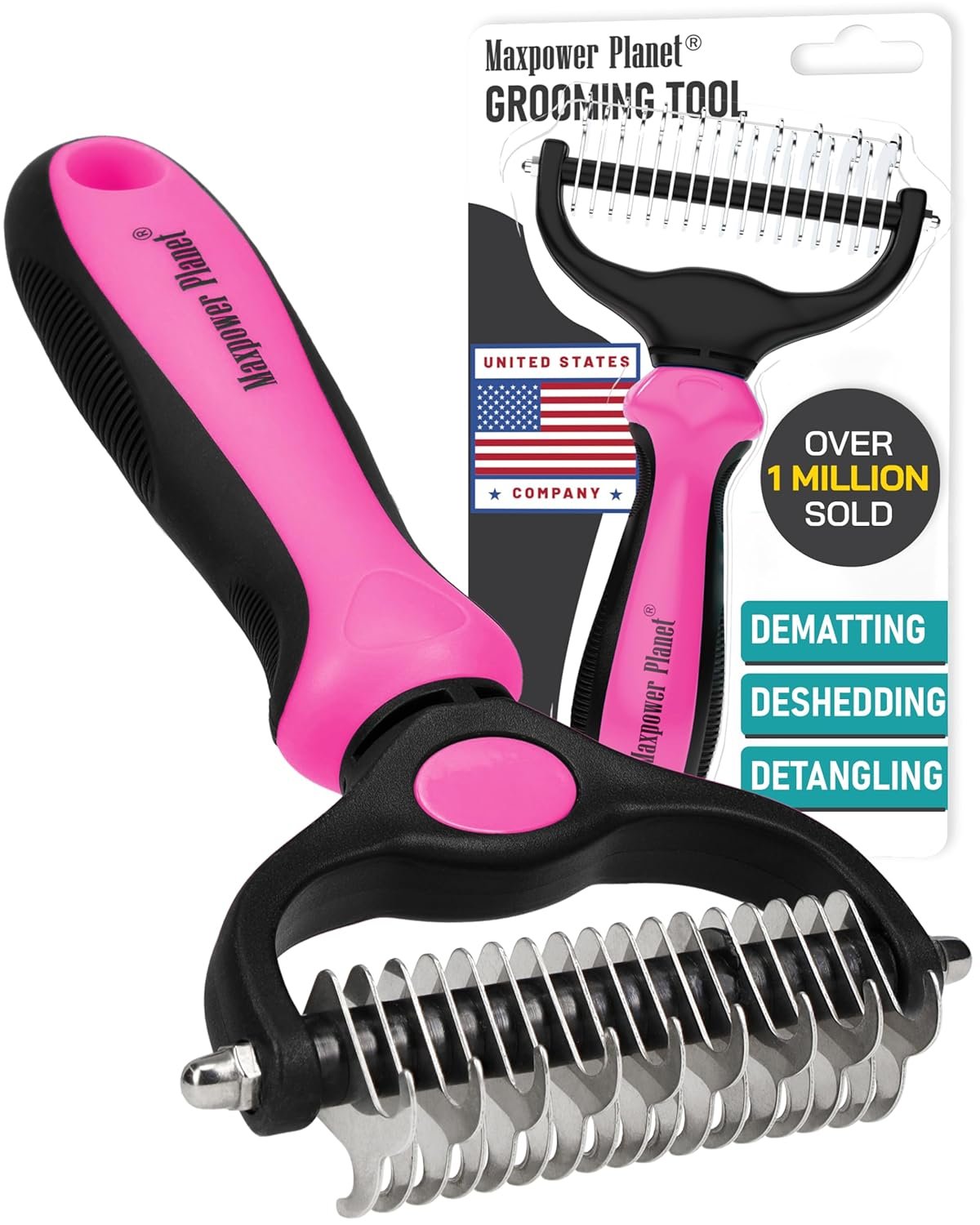 Maxpower Planet Hair Brush – Double Sided Shedding, Dematting Undercoat Rake for Dogs, Cats – Extra Wide Dog Grooming Brush, Pink