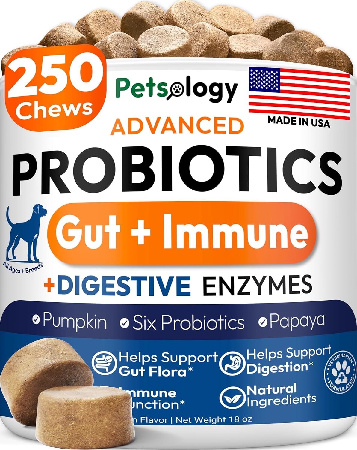 Probiotics for Dogs – 250 Dog Probiotics Chews – Digestive Enzymes & Prebiotics – Support Gut Health, Diarrhea, Gas & Constipation Relief – Itchy Skin, Allergies, Yeast Balance – Advanced Supplement