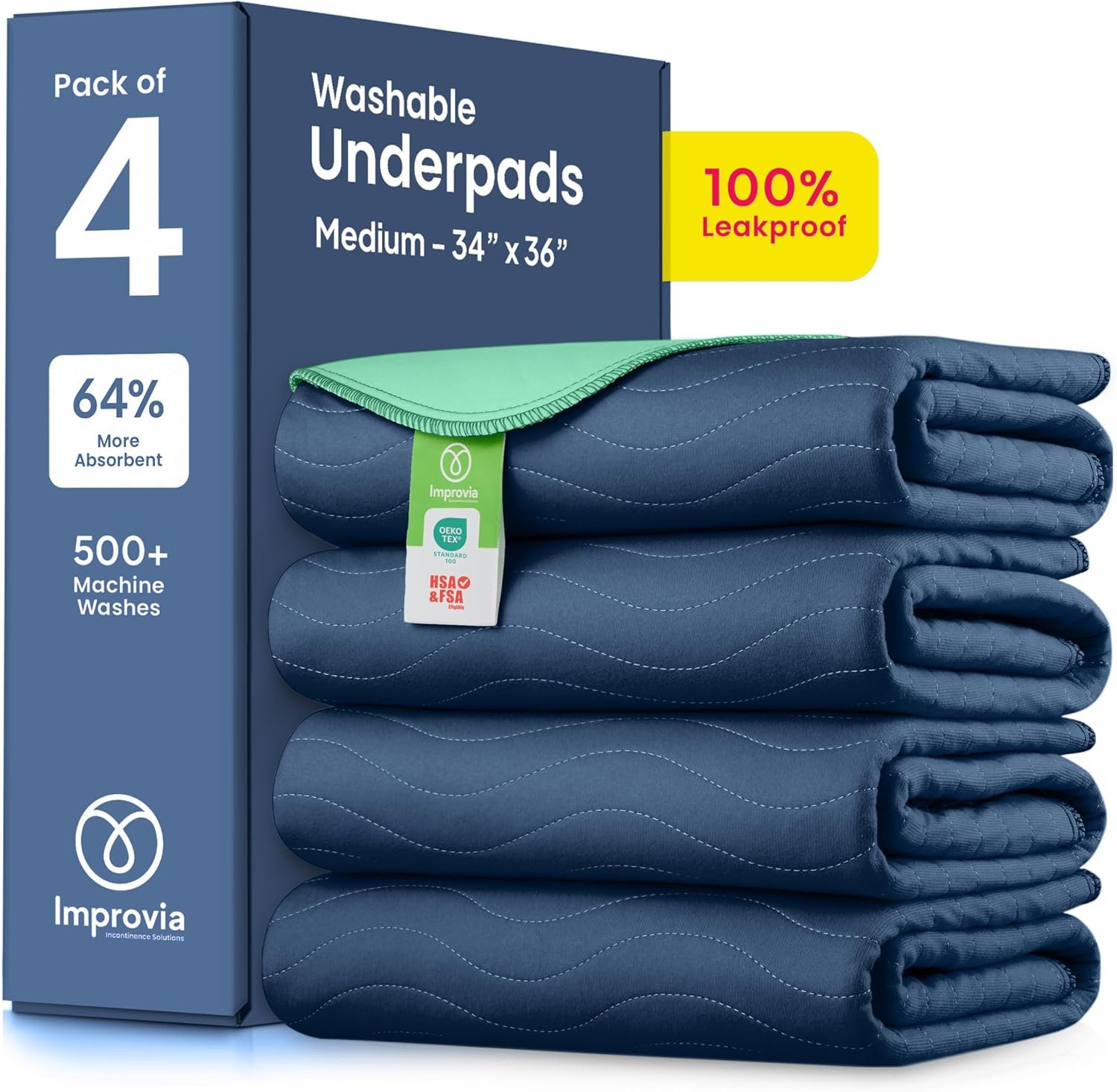 IMPROVIA® Washable Underpads, Heavy Absorbency Reusable Incontinence Pads for Kids, Adults, Elderly, and Pets, Waterproof Protection Floor – Navy & Green, 34″x36″ (Pack of 4)