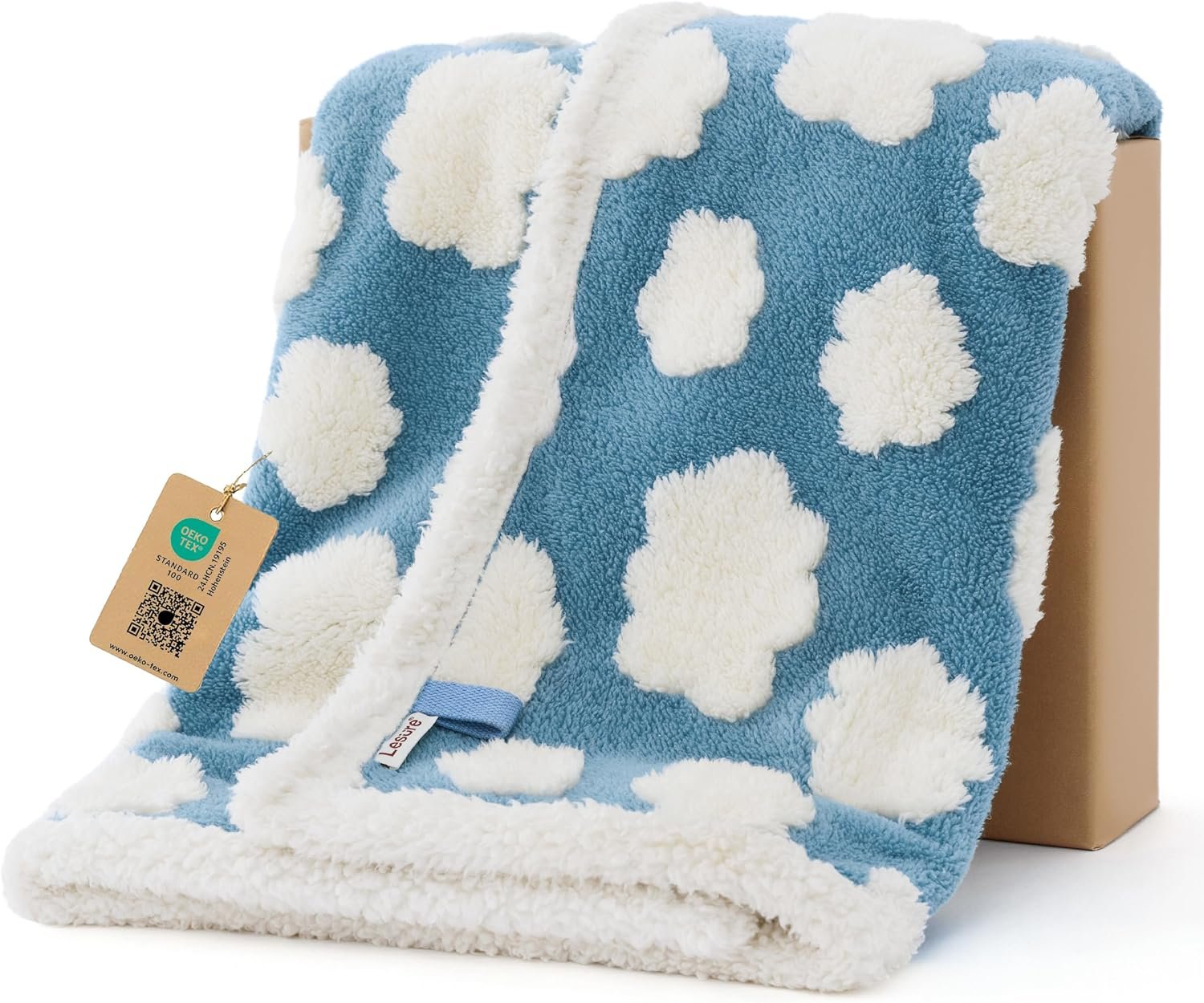 LE SURE Waterproof Puppy Blanket for Small Dogs – Washable Double Sided Dog Blankets with Warm Jacquard Shag and Soft Sherpa Fleece, Pet Cat Blanket for Couch Protection, 3D Textured Cloud, Blue