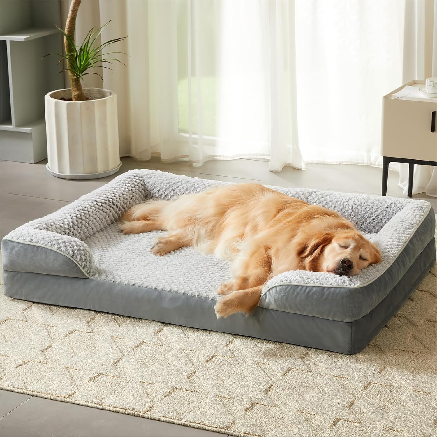 LEXTRO Orthopedic Dog Beds for Large Dogs,Waterproof Dog Bed, Egg Crate Foam Bed for Large Dogs, Big Pet Bed with Washable Removable Waterproof Pillow Cover and Anti-Slip Bottom, Grey