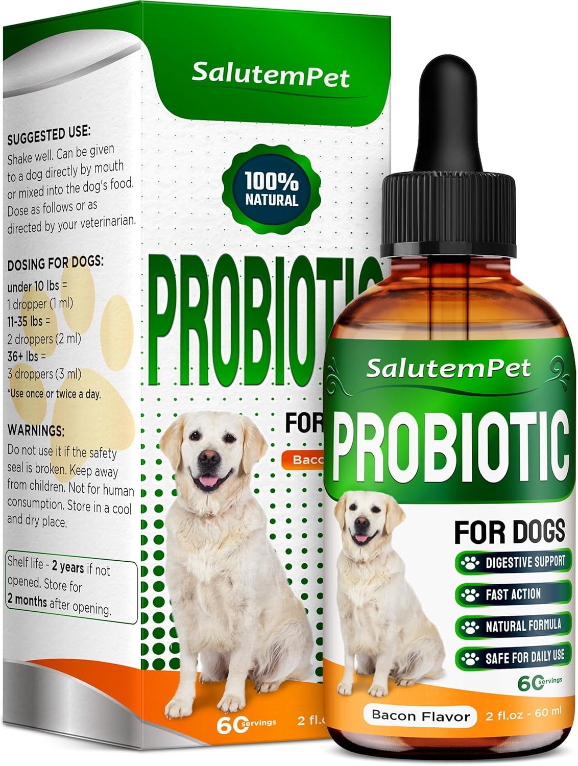 Probiotics for Dogs | Liquid Probiotics for Dogs and Puppies | Prebiotic & Digestive Enzymes | Gut Flora Support and Digestive Care | Bacon Taste | 2 Oz