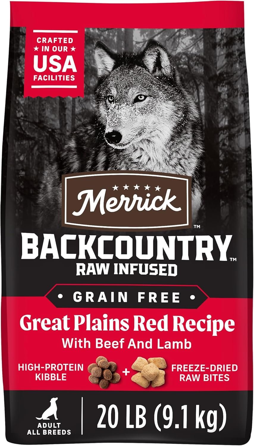 Merrick Backcountry Grain Free Dry Adult Dog Food Kibble With Freeze Dried Raw Pieces, Great Plains Red Recipe – 20.0 lb. Bag