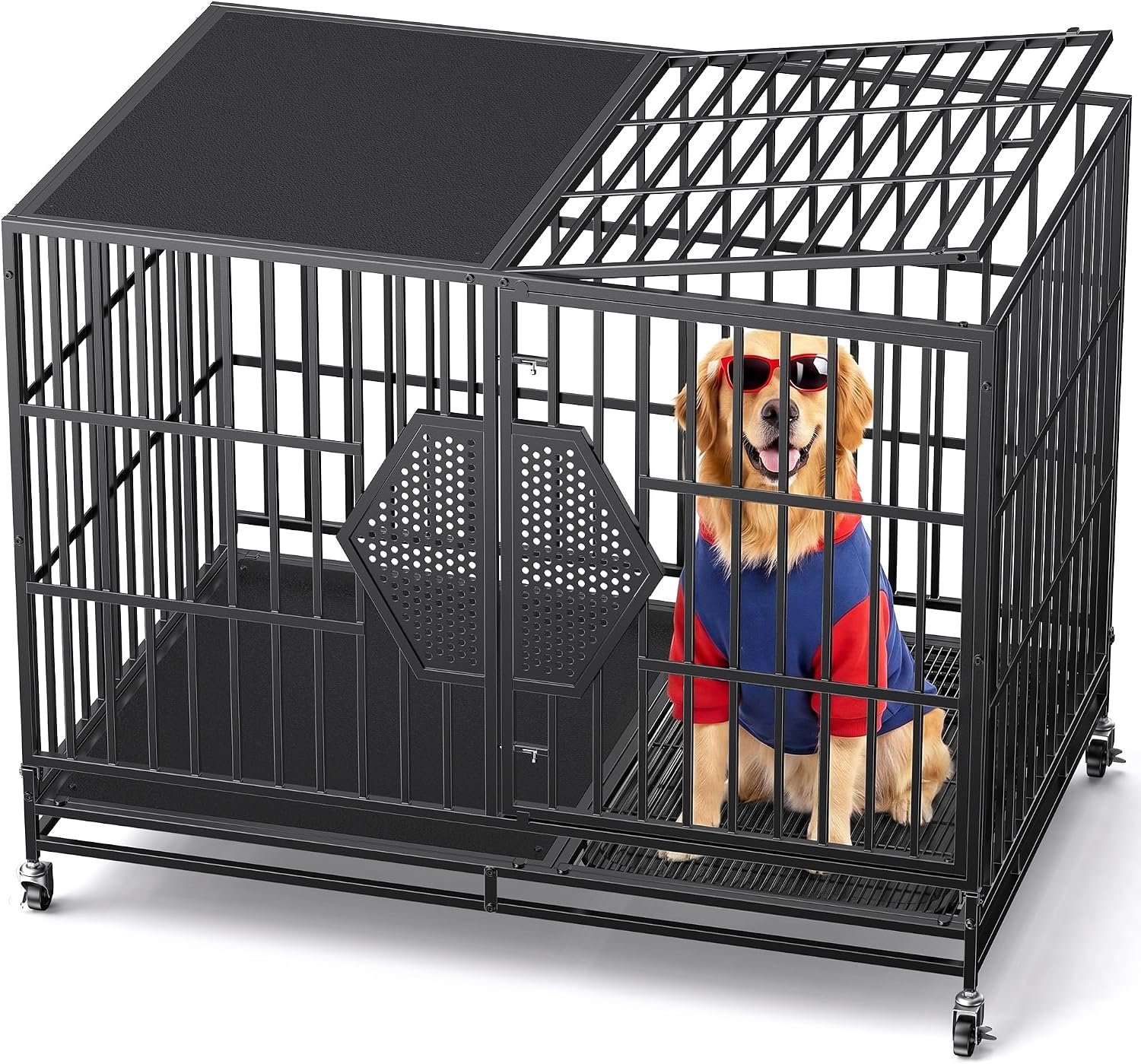 CAMMOO 48” Heavy Duty Dog Crates for Large Dogs – Escape-Proof Dual Top Fences, Reinforced Square Tube Frame, Dog Kennel Indoor, Easy-Clean Split Floor, Extra-Wide Door, Dog Cage for High Anxiety Dog