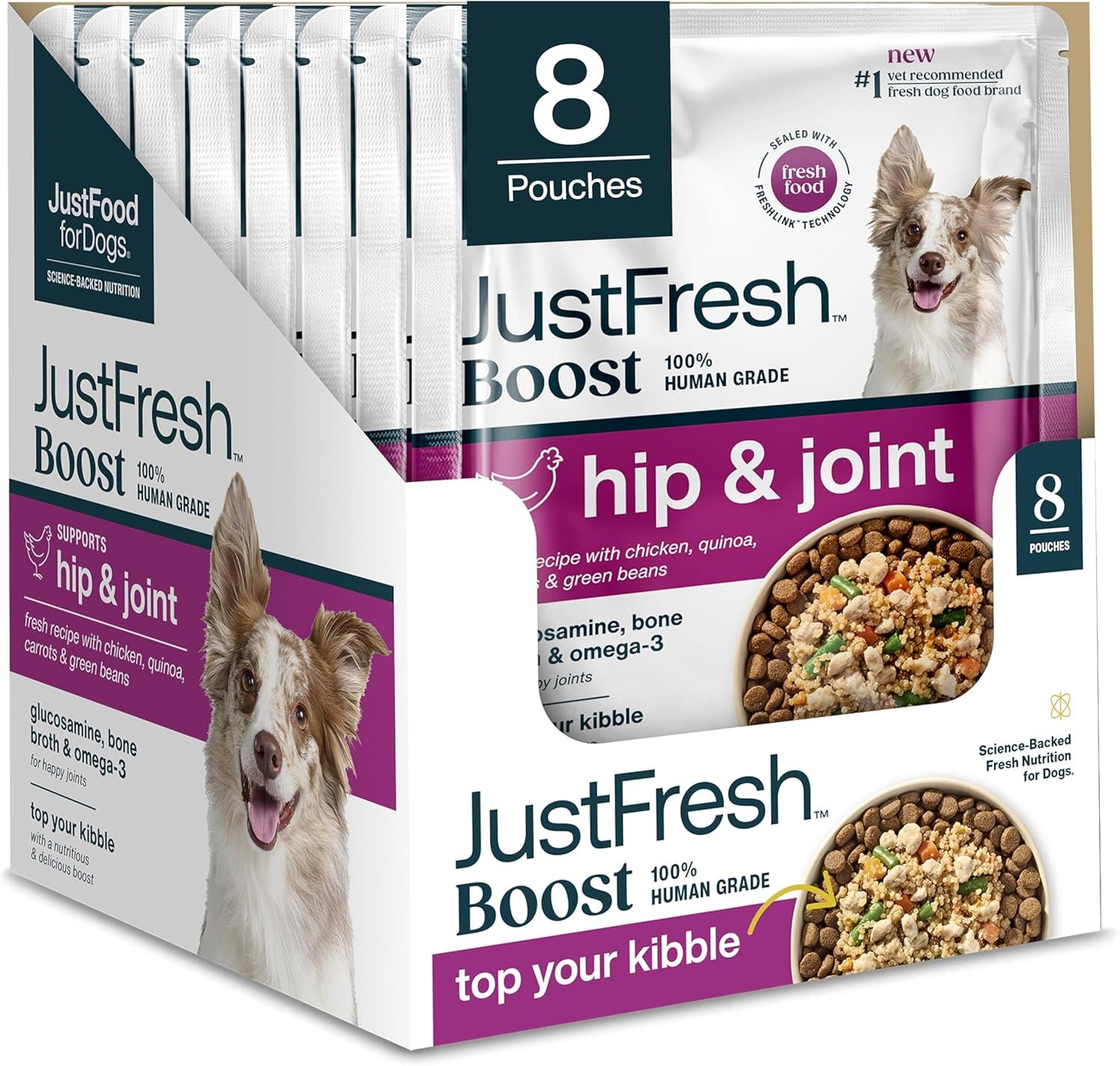 JustFoodForDogs JustFresh Boosts Hip & Joint Support Dog Food Toppers with Glucosamine to Support Hip Mobility & Joint Flexibility, Human-Grade Fresh Pet Meal Booster, 8 oz Pouches – 8 Pack