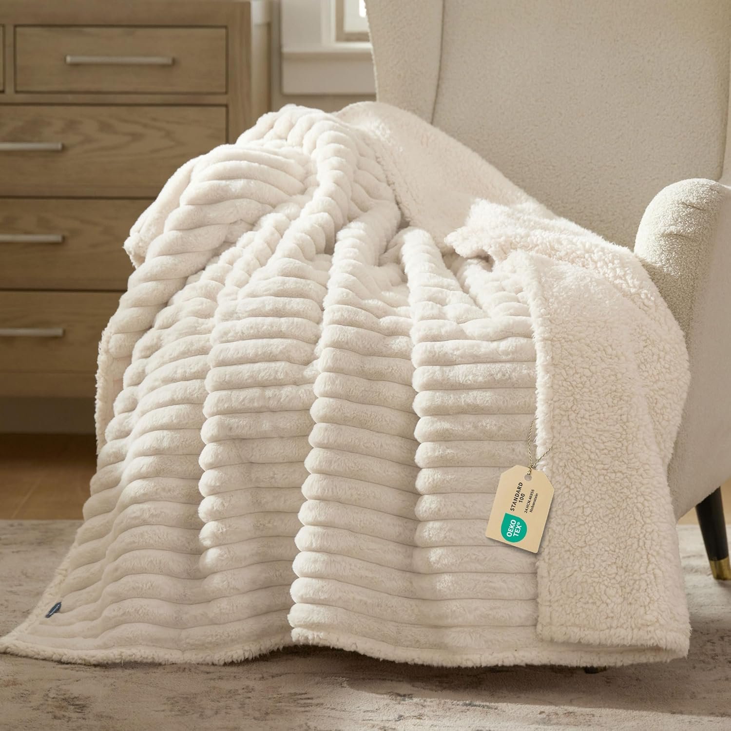 Bedsure ComfyFleece™ Waterproof Dog Blankets for Large Dogs – Soft Pet Cat Blanket Corduroy Fleece for Couch Bed Protector Washable, Cozy Calming Reversible Furniture Protection,50″x60″, Cream
