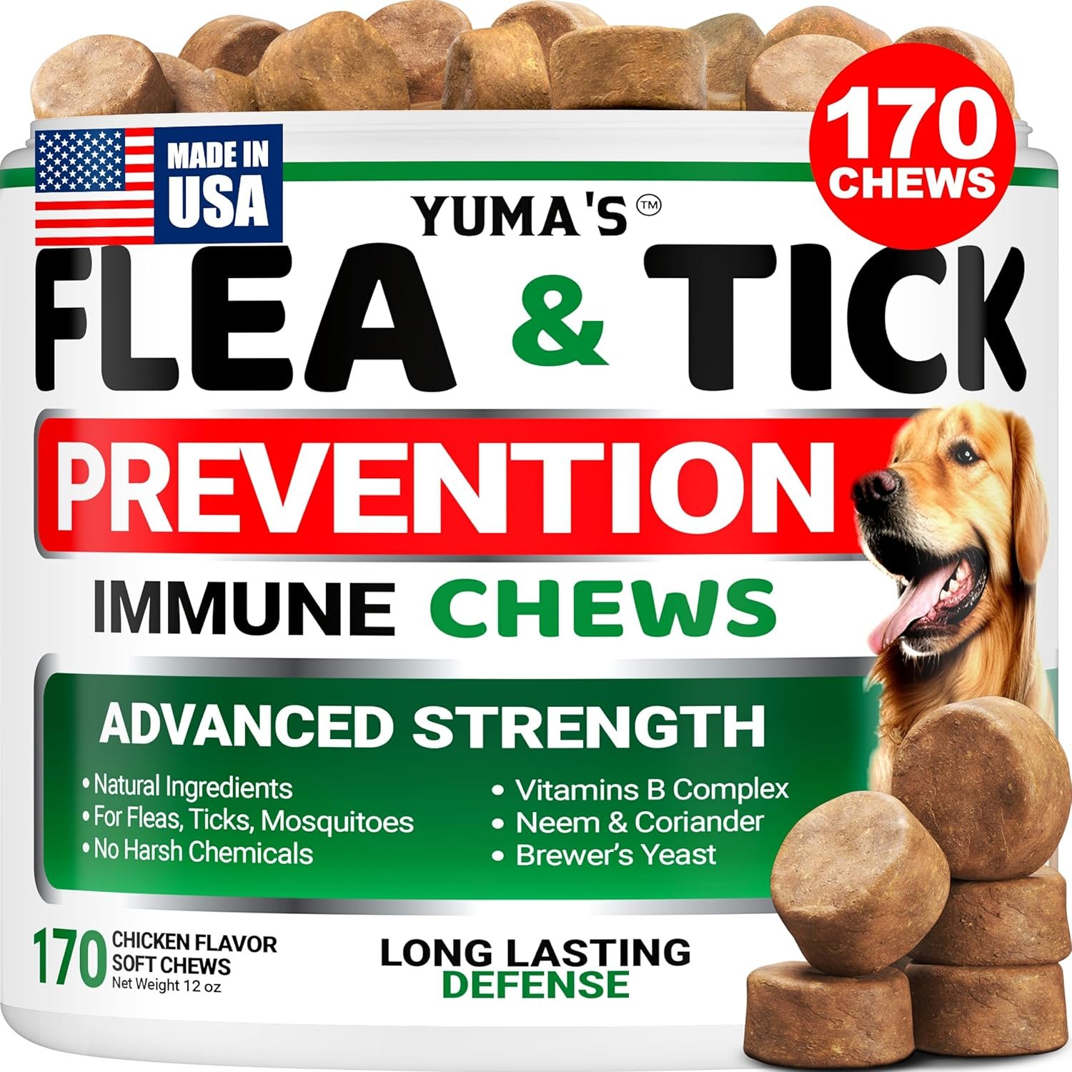 Flea and Tick Prevention for Dogs Chewables – 170 Treats – Natural Dog Flea and Tick Treatment Chewable Supplement – Oral Pills – All Breeds & Ages – Soft Chews – Made in USA – Chicken Flavor