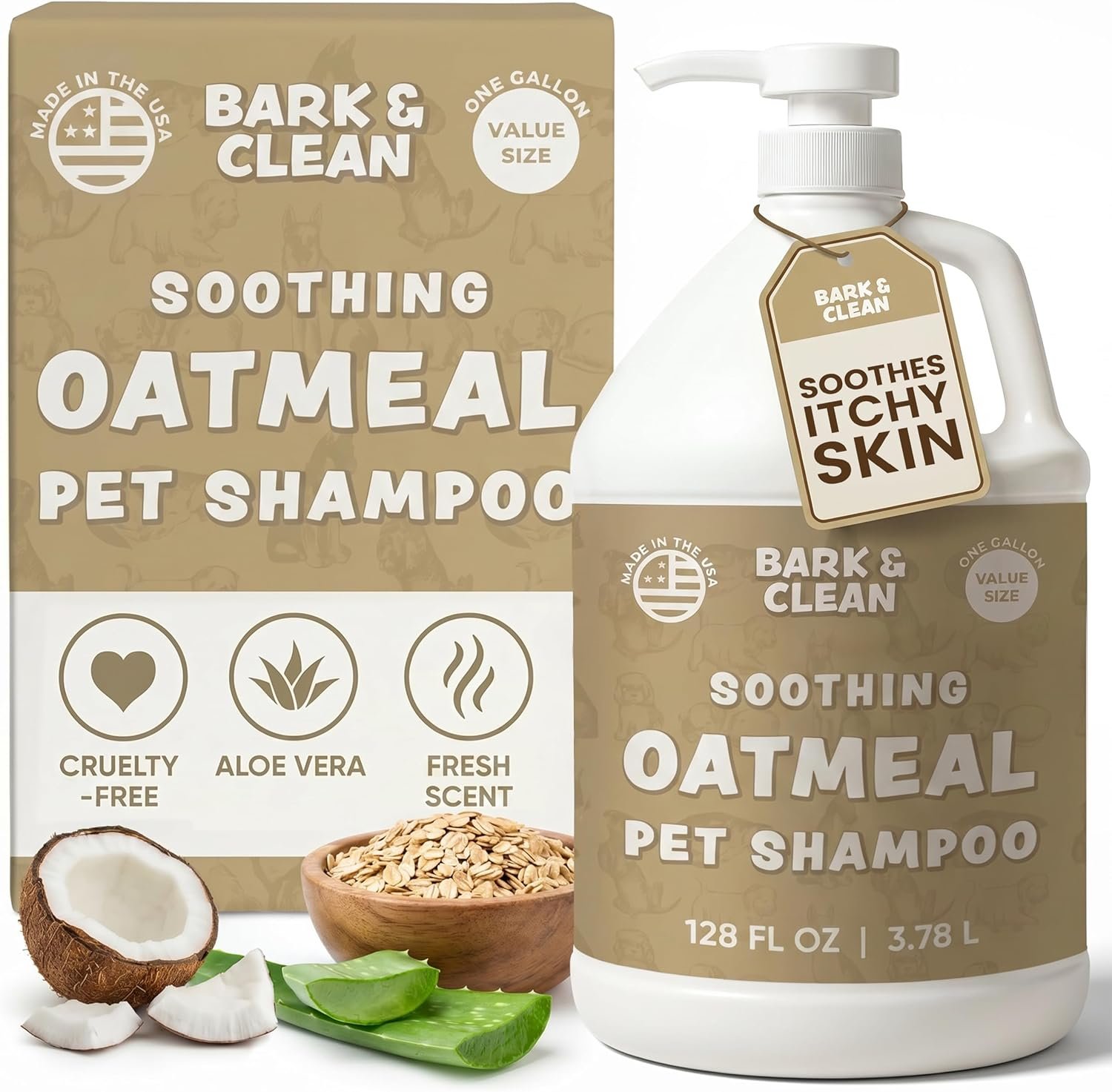Oatmeal Dog Shampoo for Itchy Dry Skin, 1 Gallon with Pump – Hypoallergenic Anti-Itch Allergy & Sensitive Relief, Smelly Dogs, Aloe Vera Coconut Oil, Sulfate and Paraben Free, Made in USA Bark & Clean