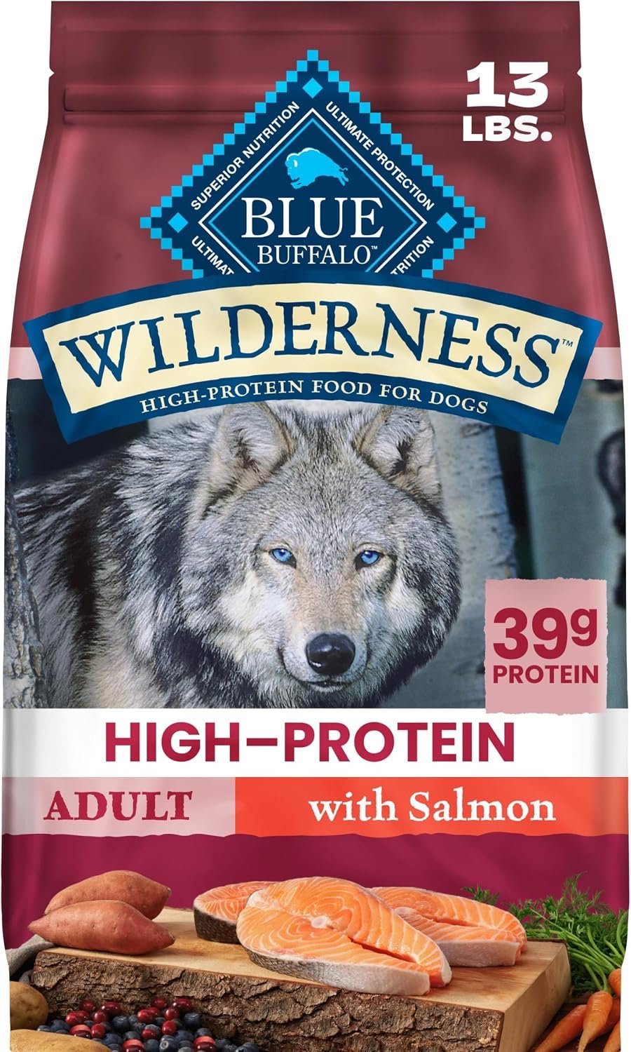 Blue Buffalo Wilderness Salmon Adult Dry Dog Food with Wholesome Grains + Antioxidant-Rich Fruits & Veggies, 34g Protein, Vibrant Energy for an Active Life, Made with Natural Ingredients, 13 lbs.