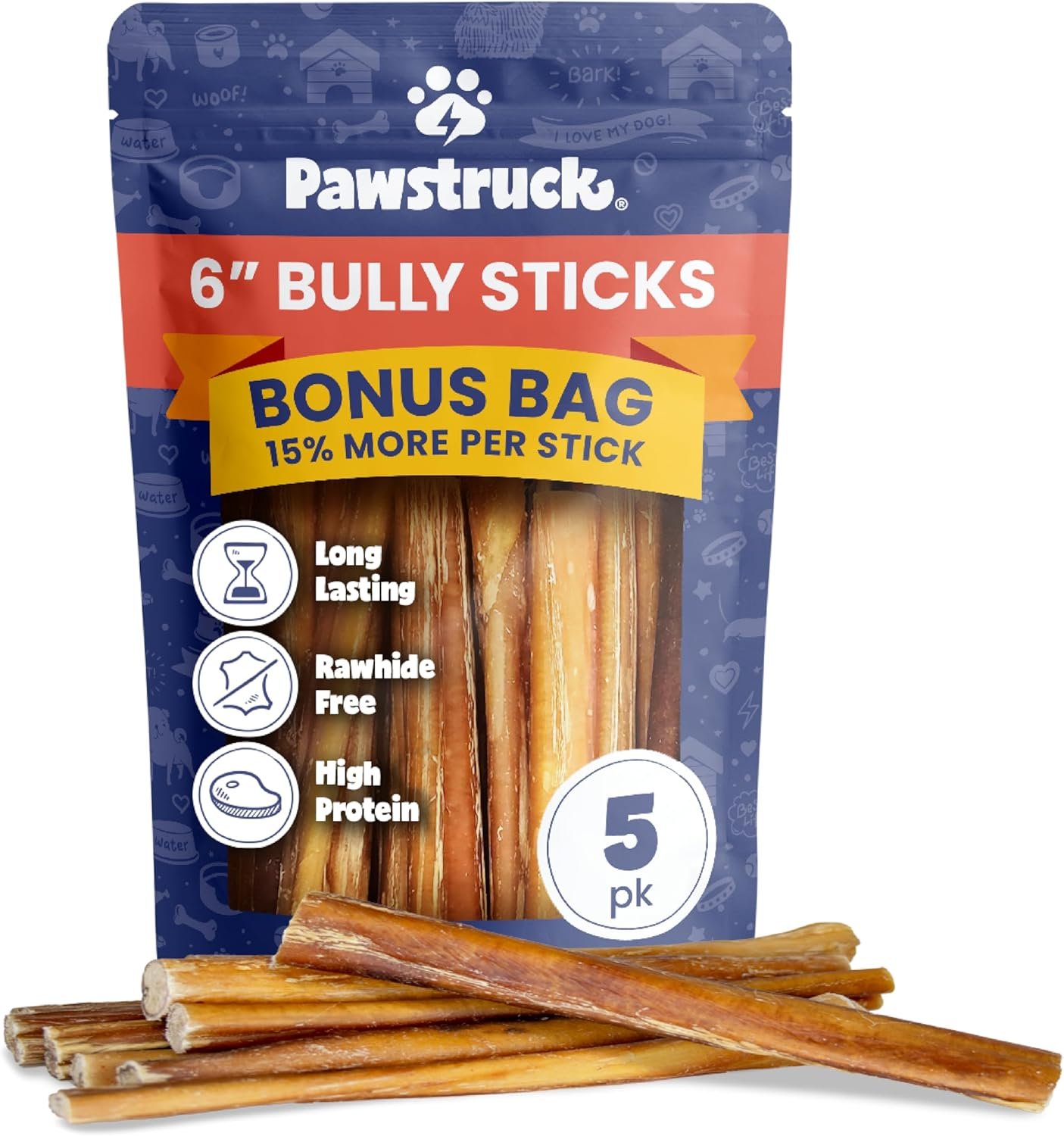 Pawstruck Bully Sticks for Dogs 6″ Long Lasting Rawhide Free Dental Chews Single Ingredient 100% Real Beef Pizzle Dog Treats 5-Pack Bonus Bag Low Odor Premium Quality | Long Lasting, Rawhide Free Dental Chews, Single Ingredient 100% Real Beef Pizzle, Low Odor