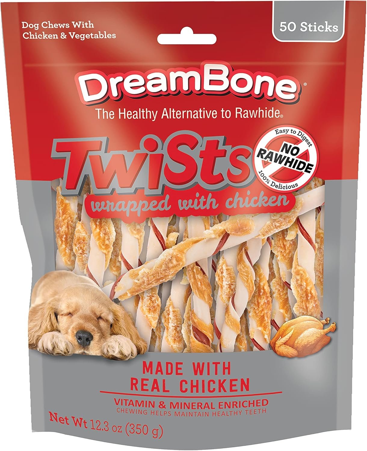 DreamBone Chicken Wrapped Twist Stick Dog Treats, Daily Rawhide-Free Chew, Digests Safely and Completely, With Real Protein, Chicken and Veggies, 50 count