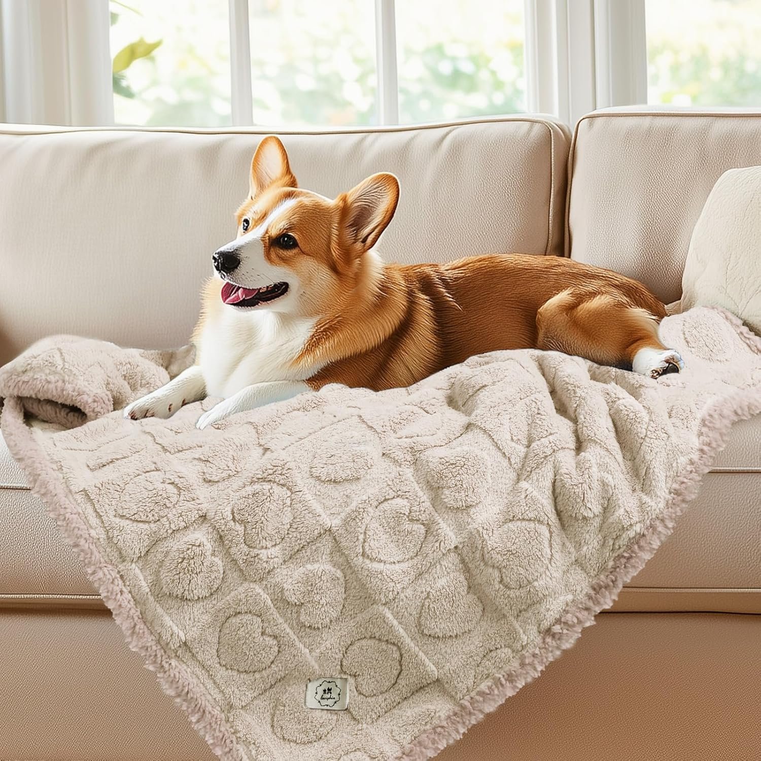 Luciphia Waterproof Dog Blanket for Small Medium Dogs Washable Couch Protector Soft Fluffy 3D Heart Jacquard Puppy Cat Blanket with Sherpa Fleece Cozy Calming Throw Blankets, Beige 57×40 inch