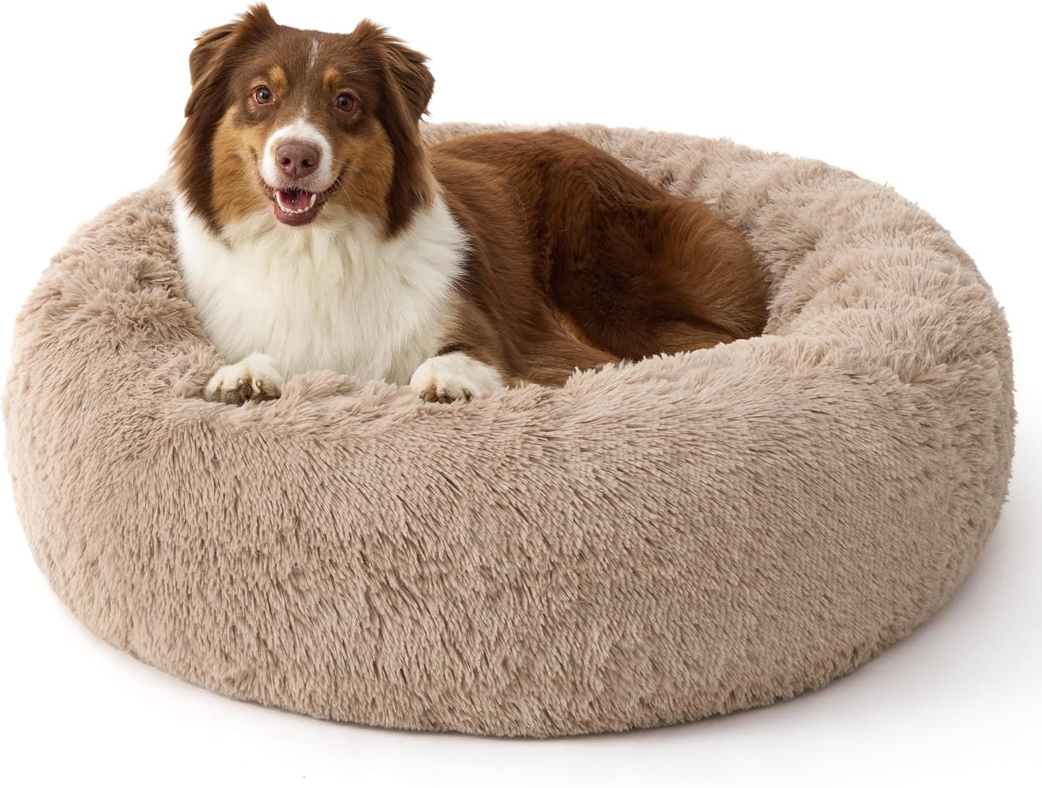 Bedsure SupportMax™ Calming Dog Beds Large Sized Dog – 36in Donut Washable Large Pet Bed,Anti-Slip ＆Removable Cover,420GSM Round Anti-Anxiety Fluffy Plush Faux Fur Bed, Fits up to 80 lbs Pets