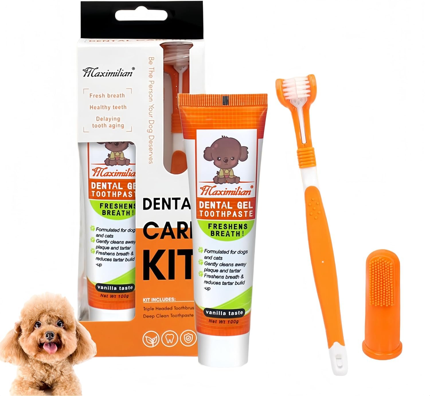 Dog & Cat Toothpaste Kit with Toothbrush & Finger Brush – 100g Vanilla Flavor Pet Toothpaste – Helps Reduce Plaque, Freshen Breath & Support Healthy Gums – Puppy & Adult Pet Dental Care