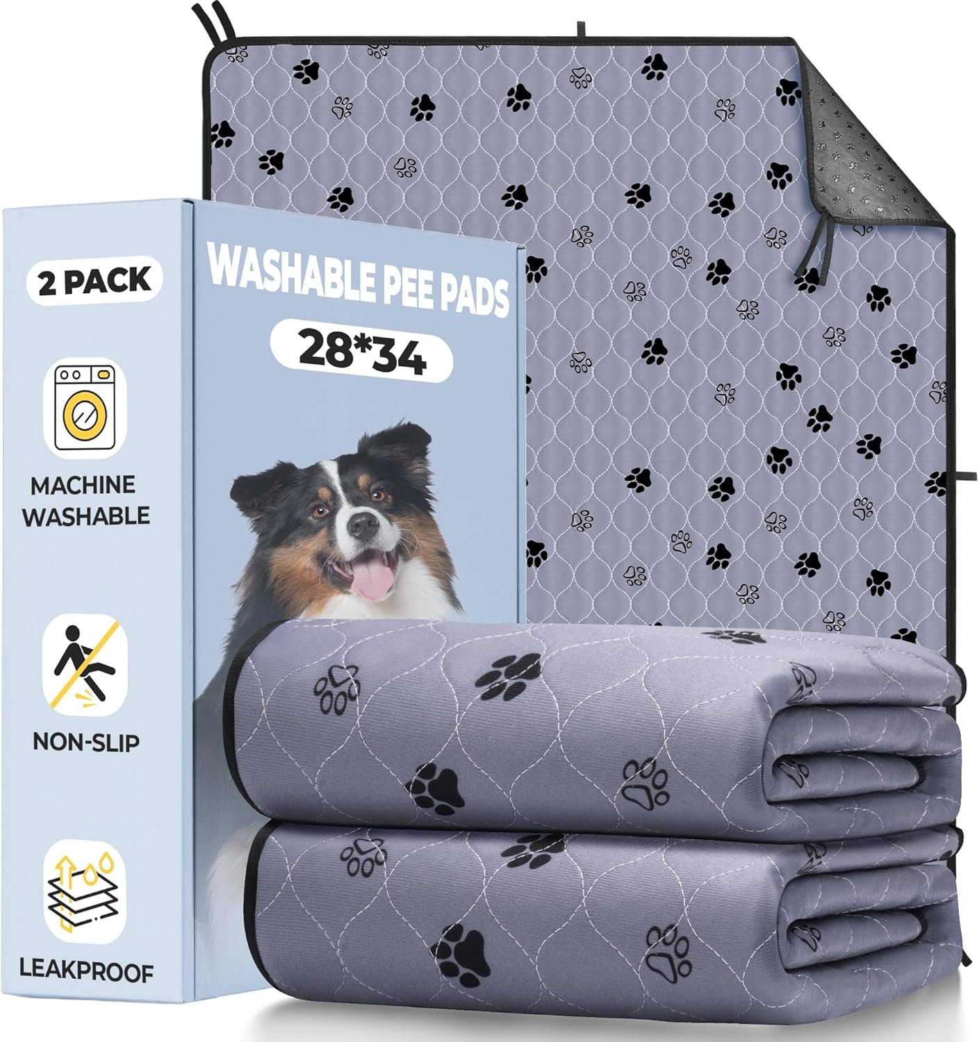 Fostanfly Washable Pee Pads for Dogs, 2 Pack 28”x34” Large Ultra-Absorbent and Leak-Proof Non-Slip Reusable Potty Training Pads for Dogs, Puppy, Potty Buddy and Cats of Add 8 Lanyards