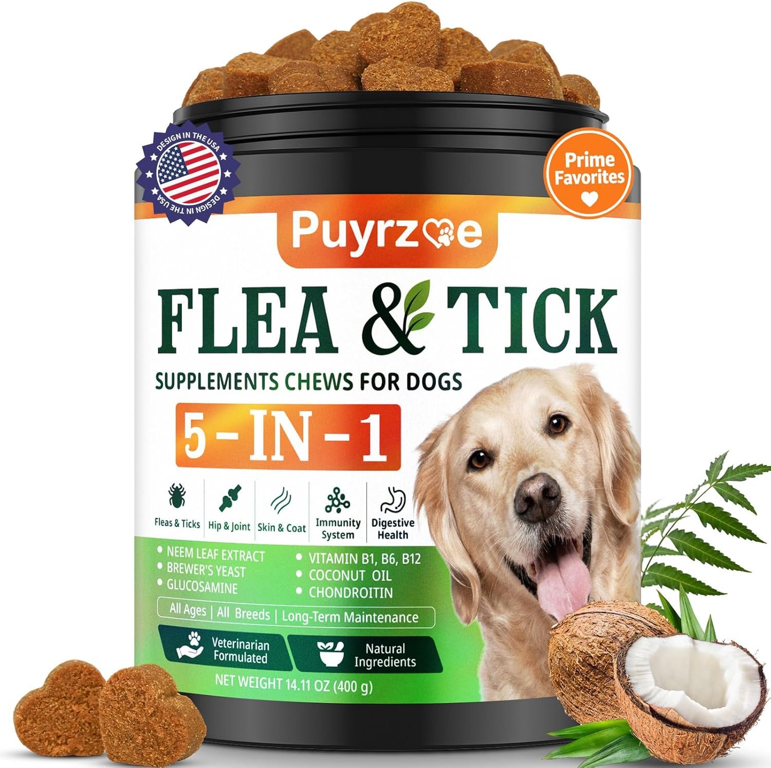 Puyrzoe 5-in-1 Dog Flea and Tick Treatment Chewable, Natural Flea and Tick Prevention for Dogs Chewable – Flea & Tick | Hip & Joint | Skin & Coat | Immunity Support | Digestive for All Breeds & Sizes