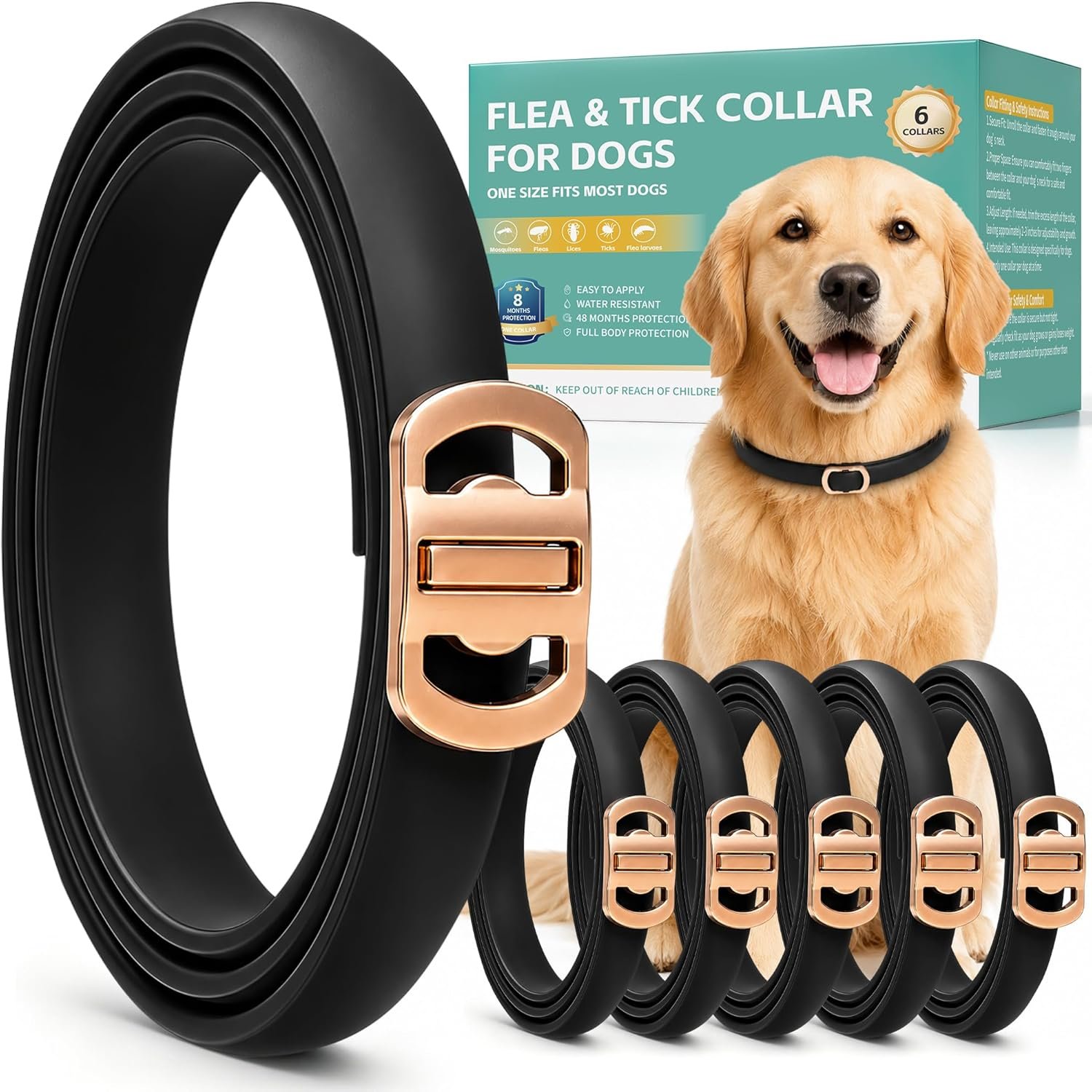 Flea and Tick Collar for Dogs 6 Pack, Natural Flea & Tick Prevention with Essential Oils, Waterproof Adjustable Dog Collar for Small Medium Large Dogs, Black & Gold