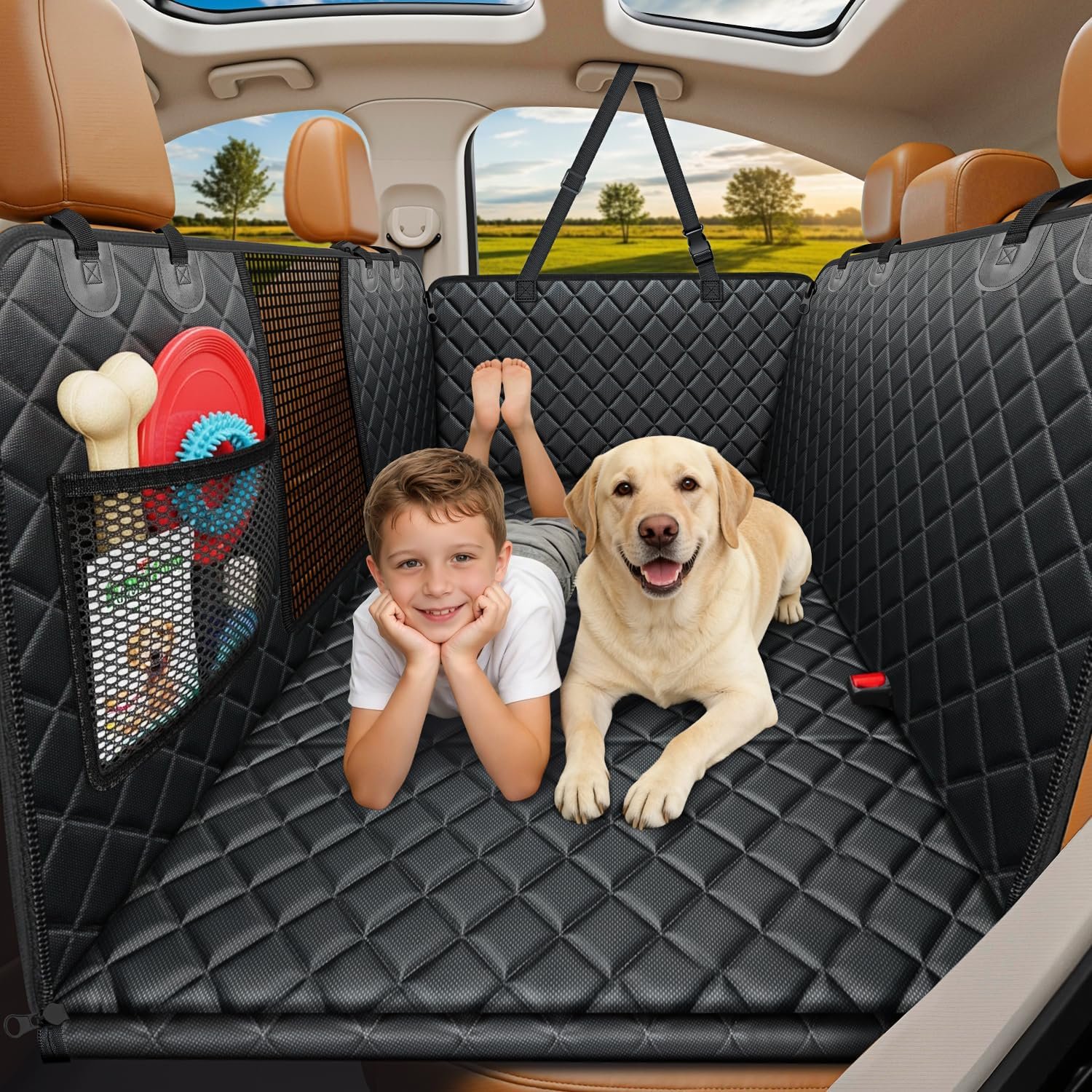 URPOWER Backseat Extender for Dogs – Hard Bottom Dog Car Seat Cover for Back Seat, Dog Hammock for Car and SUV, Pet Rear Seat Protector Dogs Travel Bed with Mesh Window