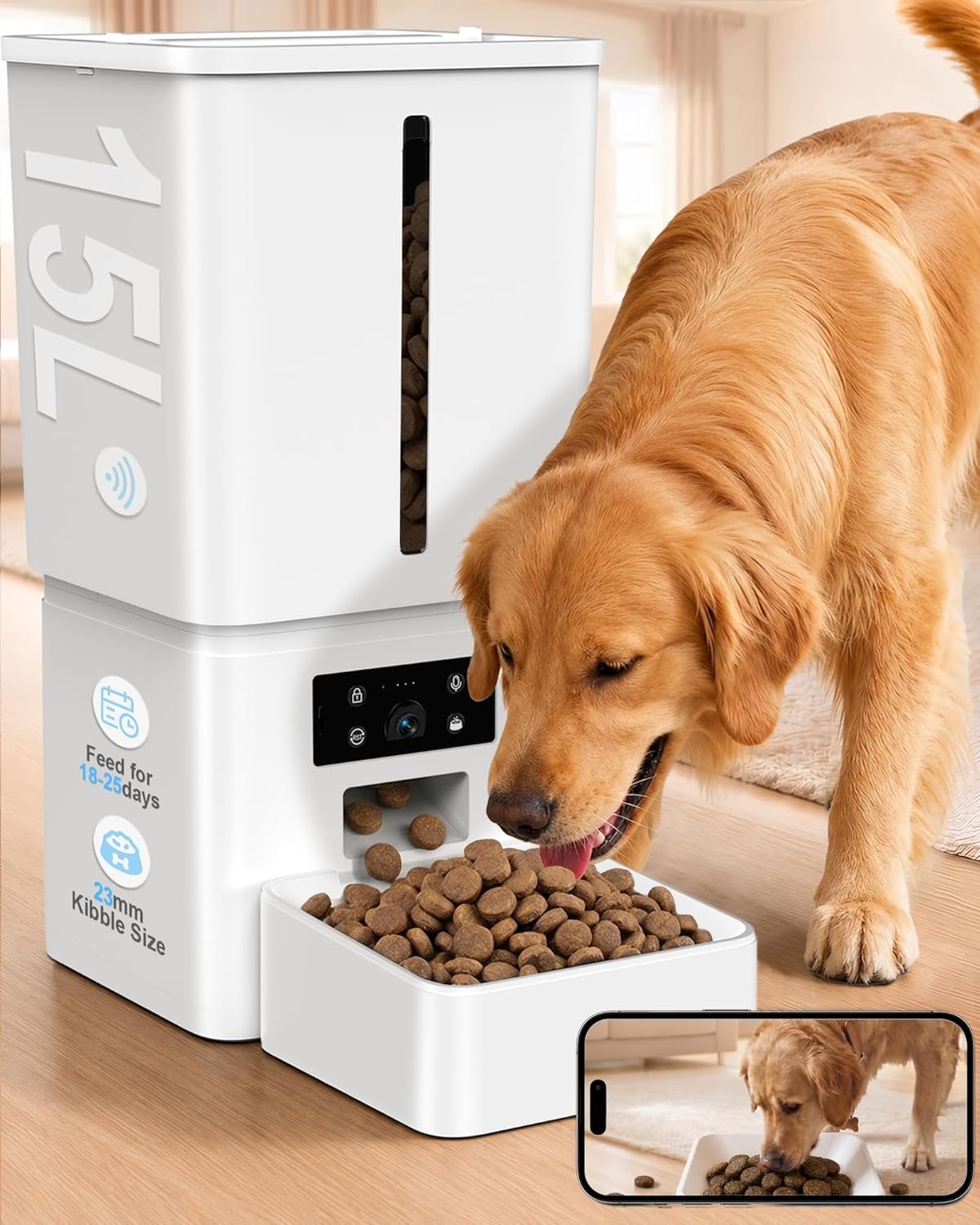 15L/63 Cups Automatic Dog Feeder for Large Breeds: Feeds for 18–25 Days, Anti-Clog Design for 2–23mm Kibble – Smart Dog Food Dispenser with HD Camera and Timer for Busy Pet Parents