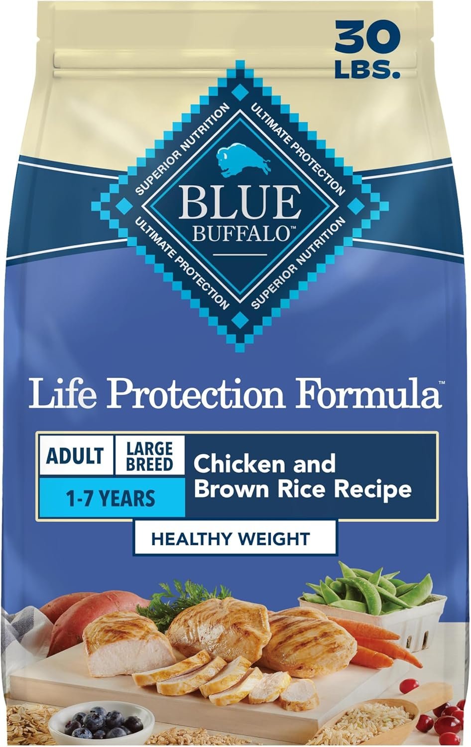 Blue Buffalo Life Protection Formula Chicken & Brown Rice Healthy Weight Large Breed Adult Dry Dog Food, Supports Immunity With LifeSource Bits, Promotes Healthy Lean Muscles & Weight Control, 30 lbs.