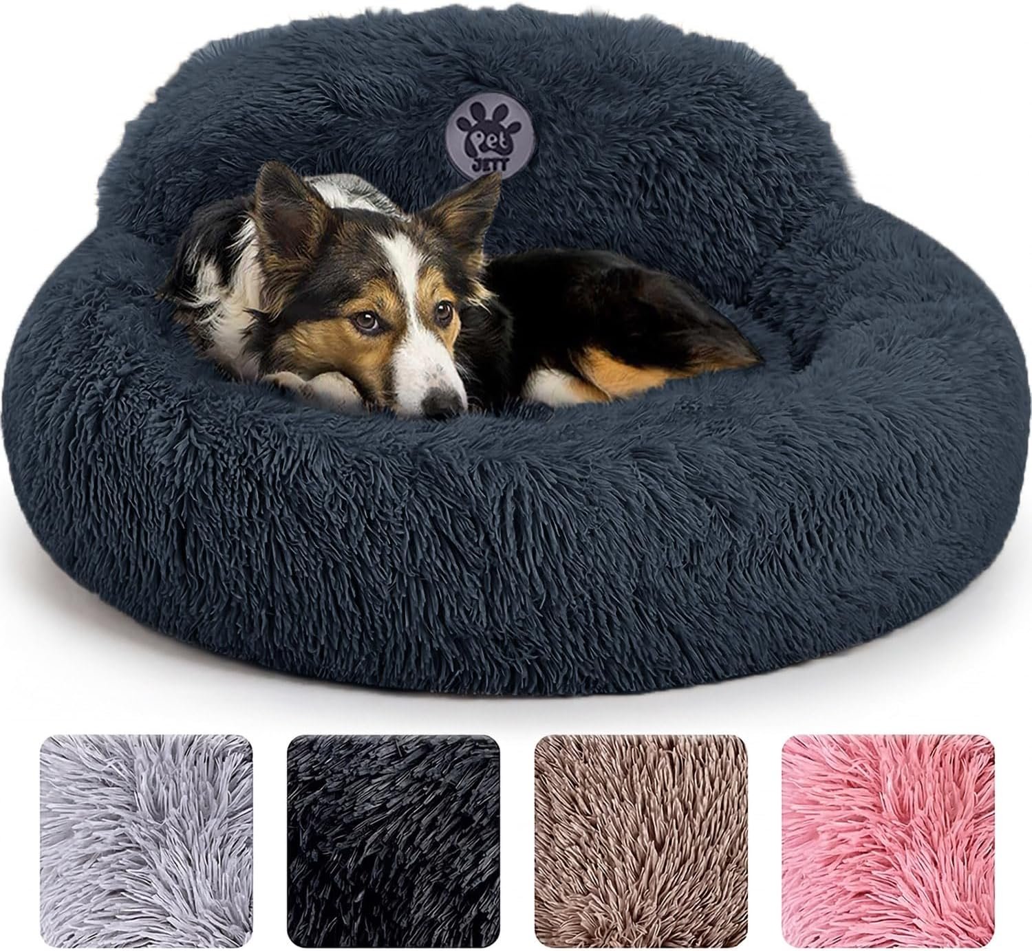 PetJett Calming Dog Bed Medium Size Dog – 30” Donut Bed, Washable Dog Bed, Anti-Slip & Super Soft Fluffy Plush Round Dog Bed, Anti-Anxiety Premium Comfort Pet Bed, Fits Dogs Upto 45 lbs – Dark Grey