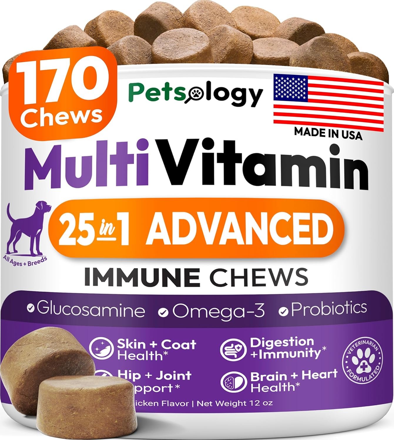 Dog Multivitamin Chewable – Dog Vitamins and Supplements with Glucosamine – 170 Chews – Hip & Joint, Pet Immune Support, Skin & Coat, Gut & Heart Health – Senior & Puppy Multivitamin Pet Supplement